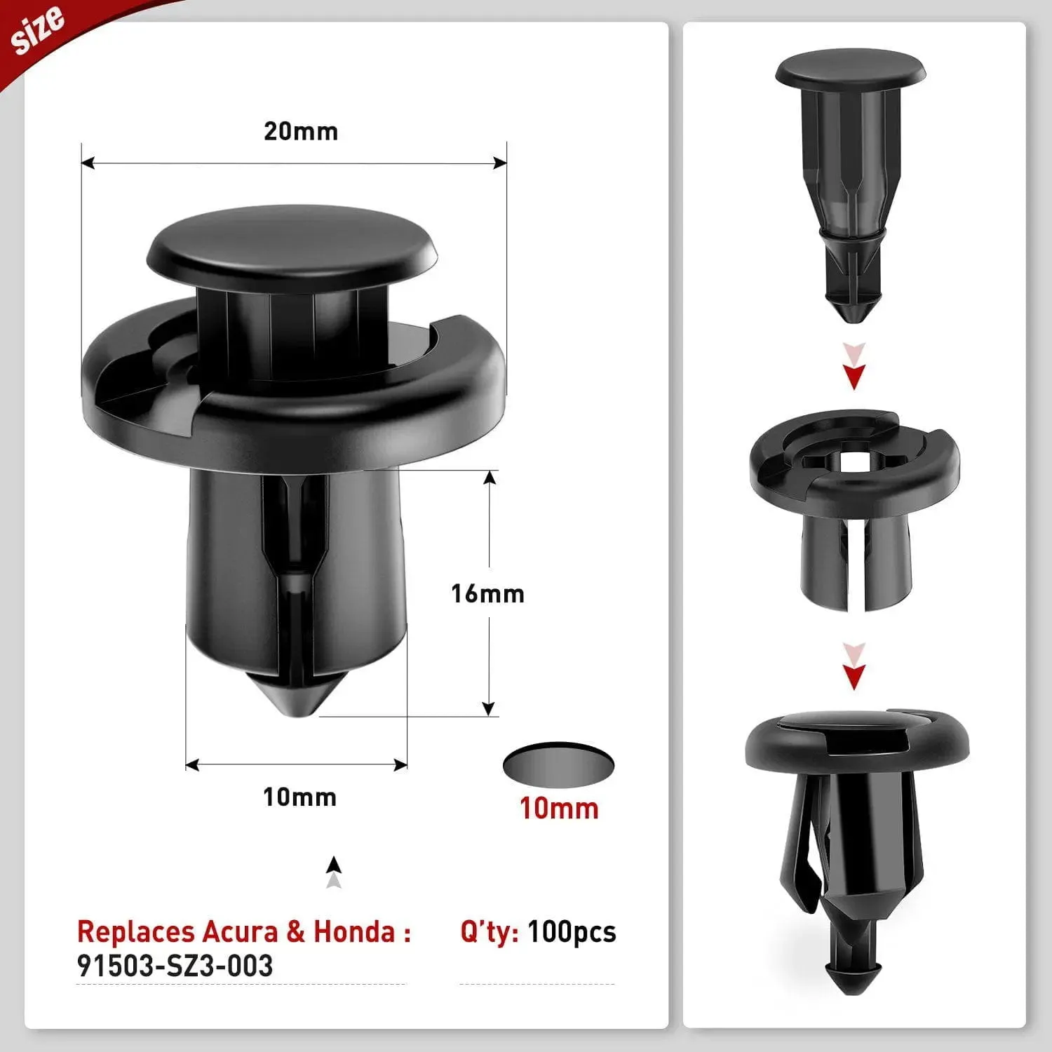 100 Pcs Hole 10mm Car Push Retainer Clips Kits For Honda and Acura 91503-SZ3-003