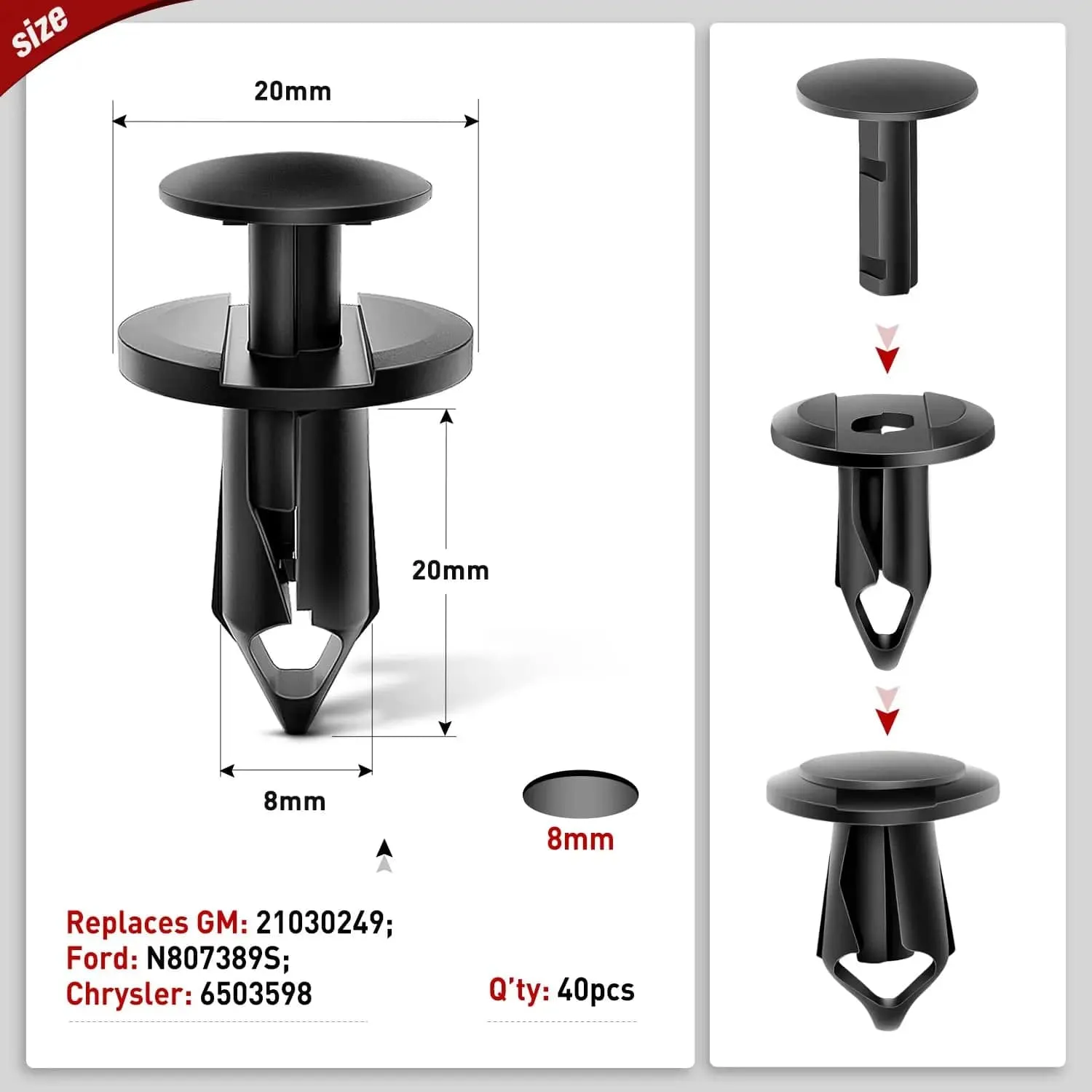 100 Pcs Hole 7mm 8mm 10mm Car Retainer Clips Nylon Push Expansion Screws Replacement Kit, Bumper Fastener Rivet Clips for Honda, Acura, GM, Ford, Chrysler