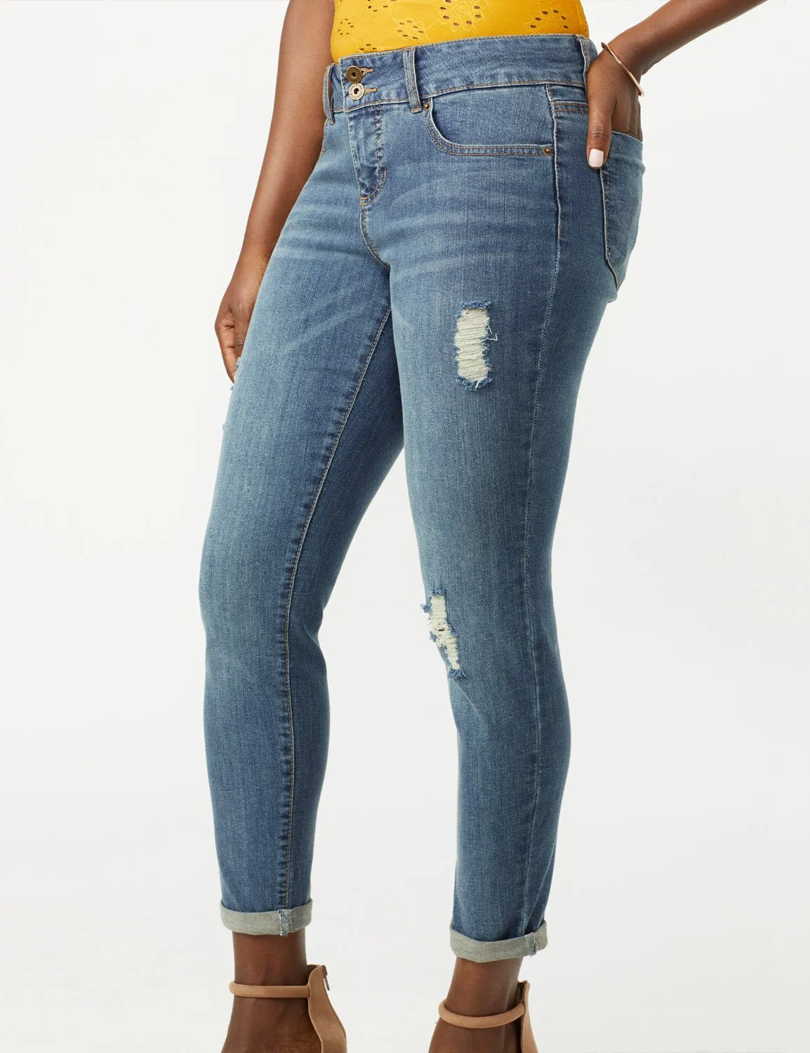2 Button Waistband Jean, Ankle Length Mid Rise Skinny