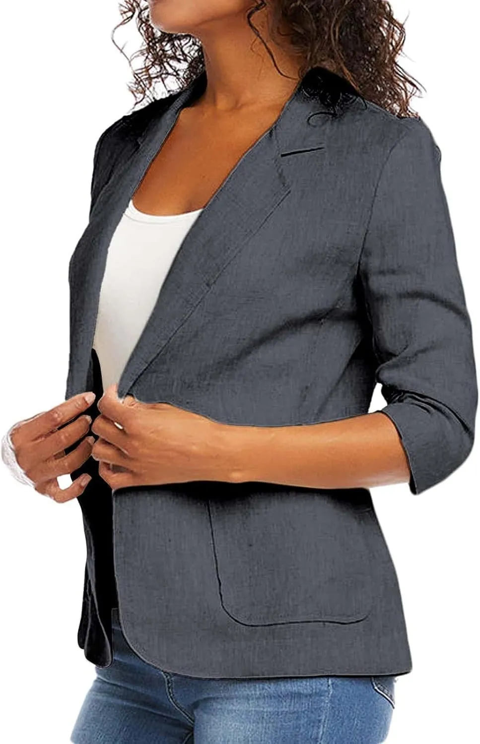 2025 Linen Blazer Women Casual 3/4 Stretchy Ruched Sleeve Blazer Jackets Lightweight Breathable Work Office Jackets