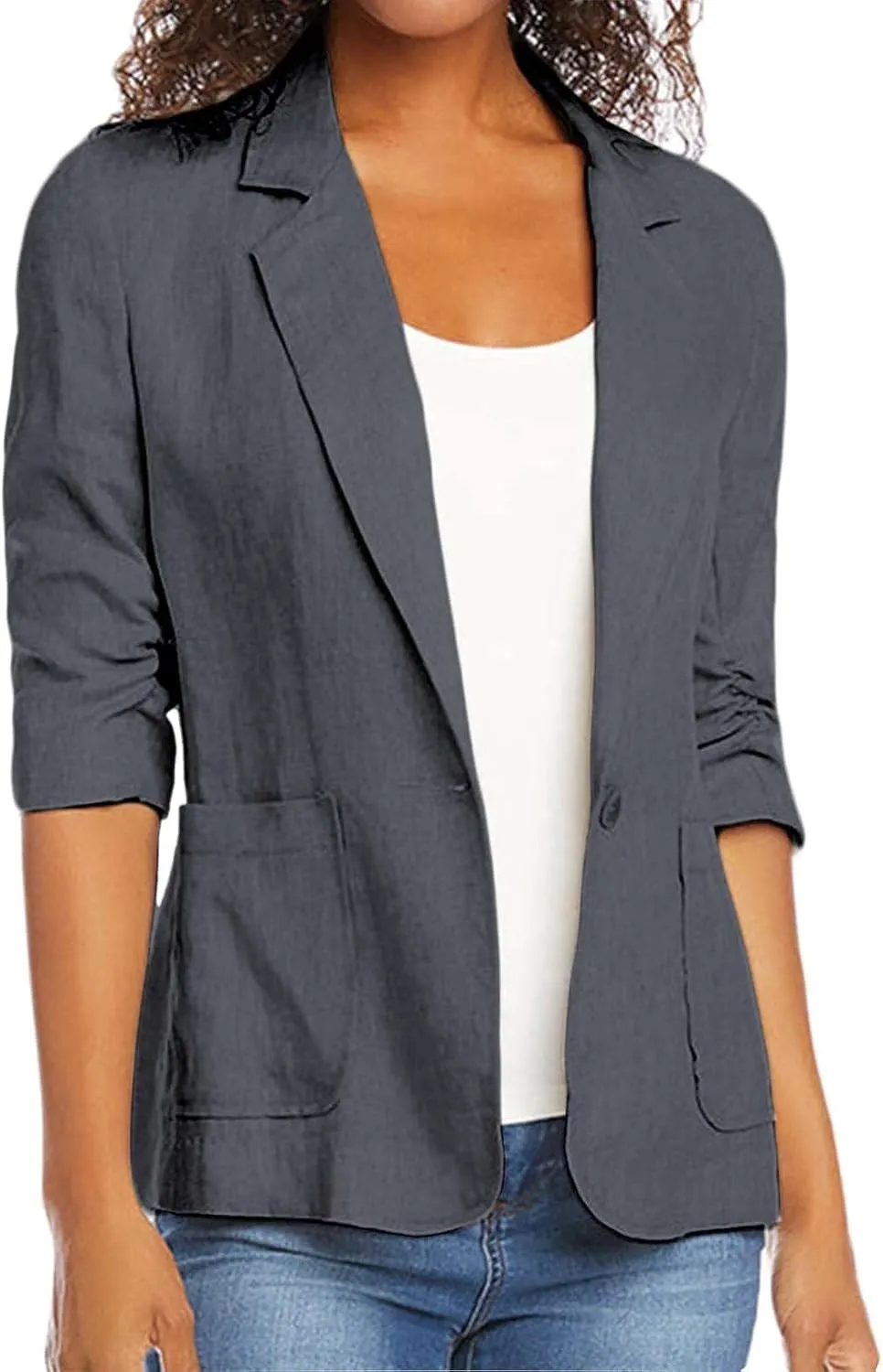 2025 Linen Blazer Women Casual 3/4 Stretchy Ruched Sleeve Blazer Jackets Lightweight Breathable Work Office Jackets