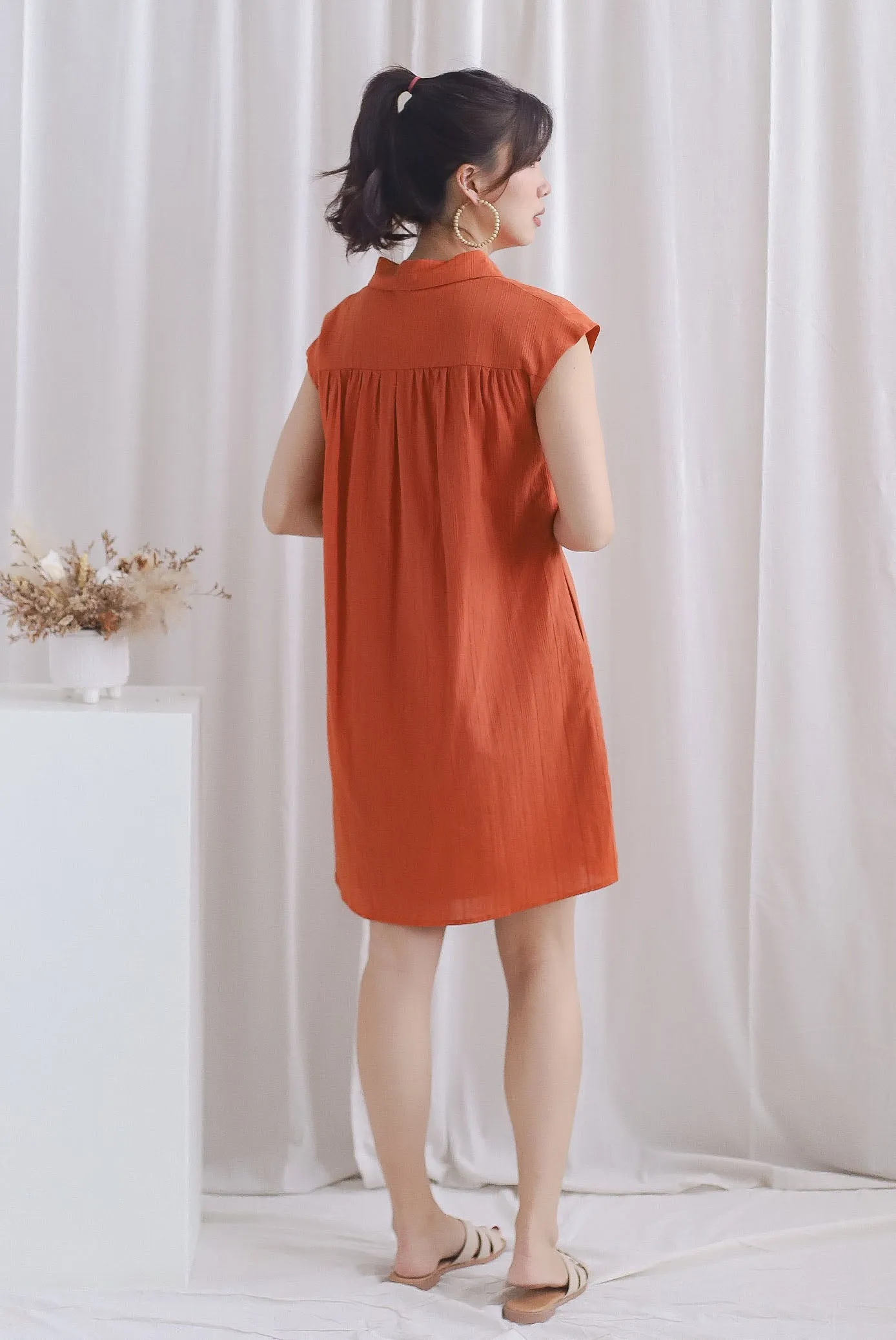 Becks Cap Sleeve Shirt Dress In Brick Orange