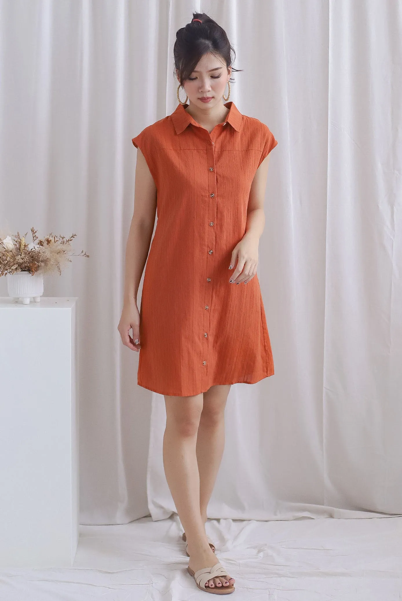 Becks Cap Sleeve Shirt Dress In Brick Orange