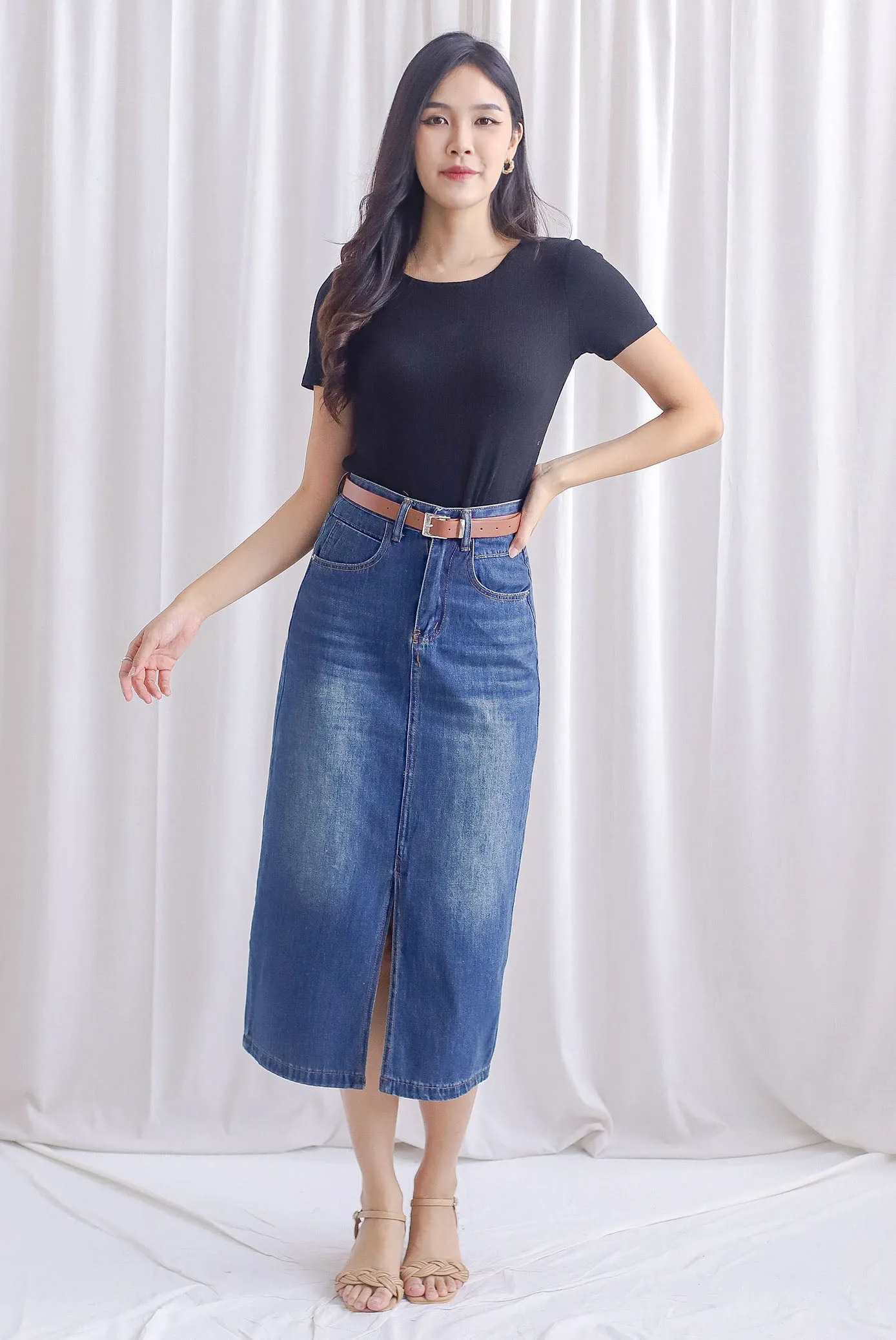Breia Belted Front Slit Denim Skirt In Dark Wash