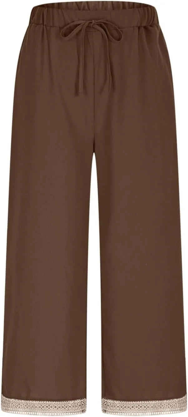 Capris Pants for Women Casual Summer Straight Leg Cropped Trousers Lace Boho Western Cotton Linen Pant 2025 New