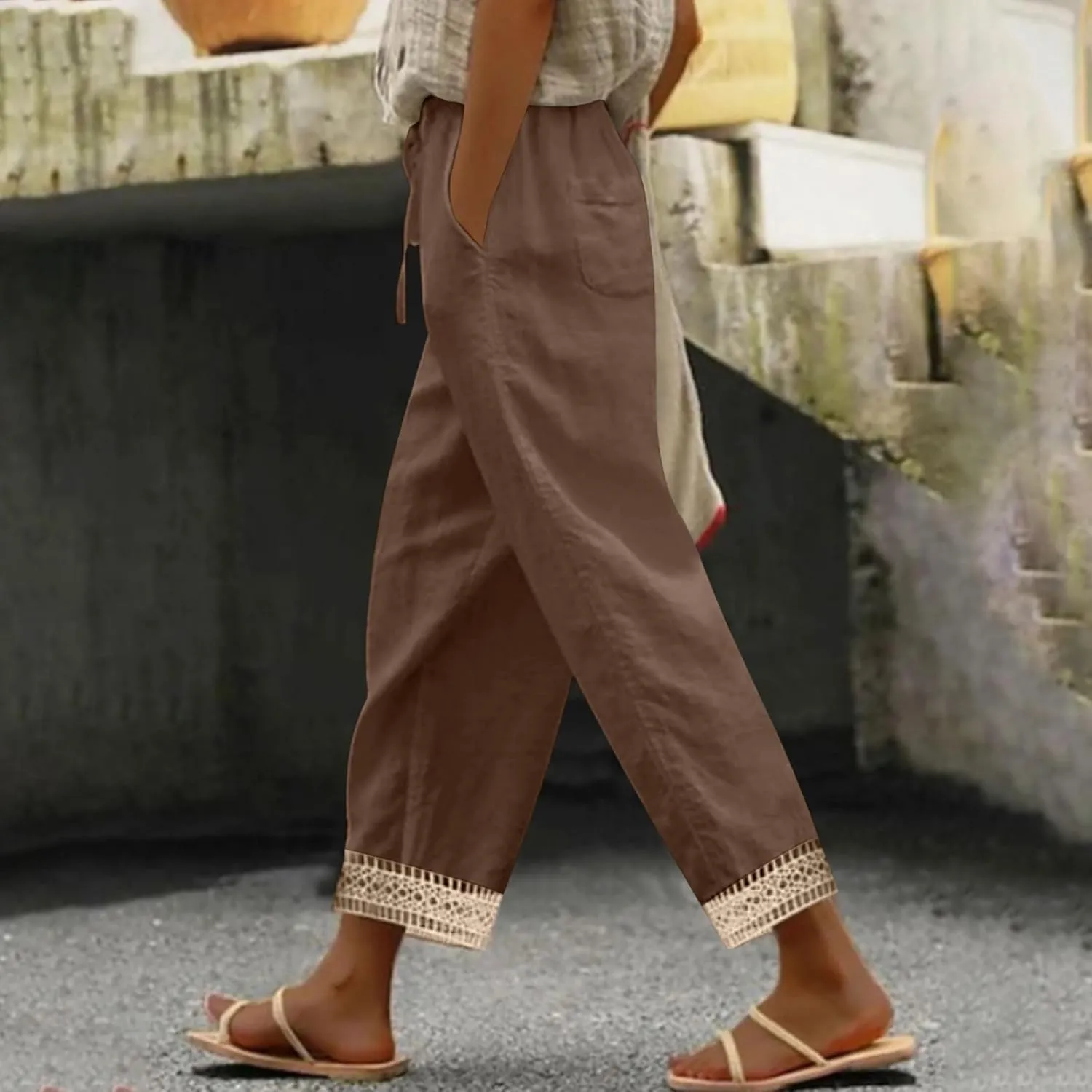 Capris Pants for Women Casual Summer Straight Leg Cropped Trousers Lace Boho Western Cotton Linen Pant 2025 New
