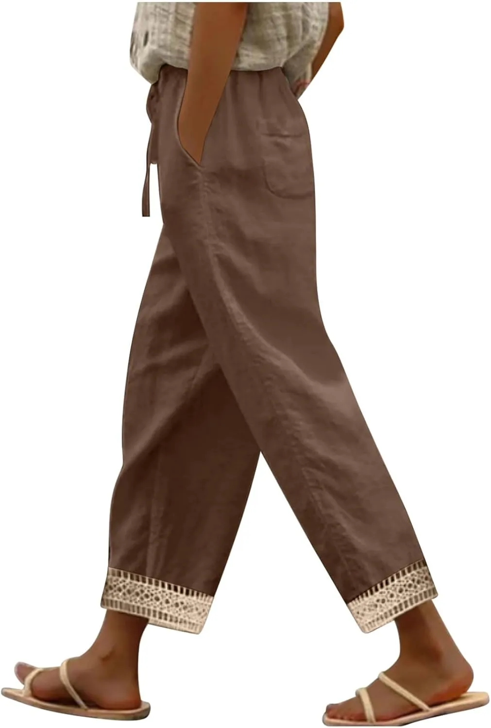 Capris Pants for Women Casual Summer Straight Leg Cropped Trousers Lace Boho Western Cotton Linen Pant 2025 New