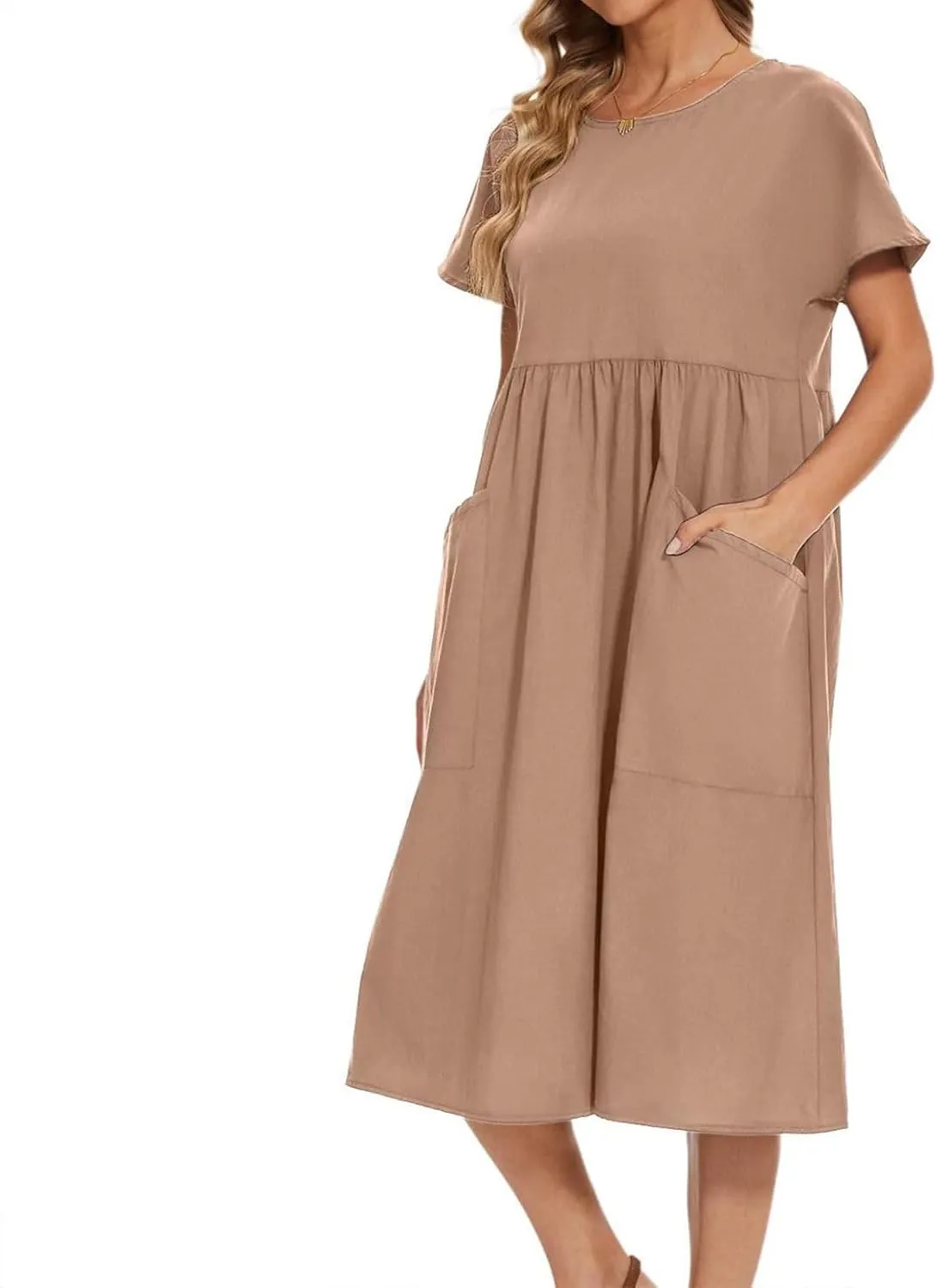 Casual Summer Dresses for Women Cotton Linen T Shirt Dress Short Sleeve Midi Beach Sundress Loose Comfy with Pockets