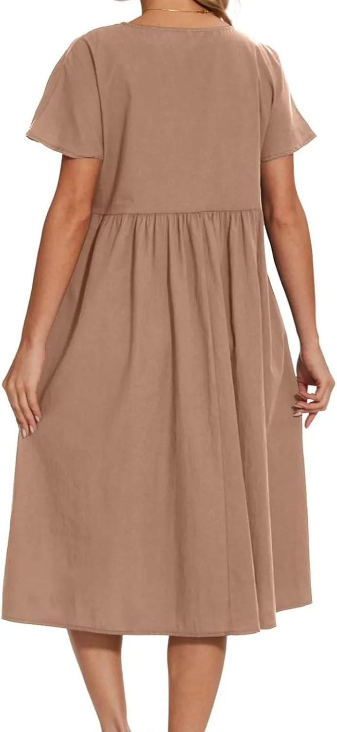 Casual Summer Dresses for Women Cotton Linen T Shirt Dress Short Sleeve Midi Beach Sundress Loose Comfy with Pockets