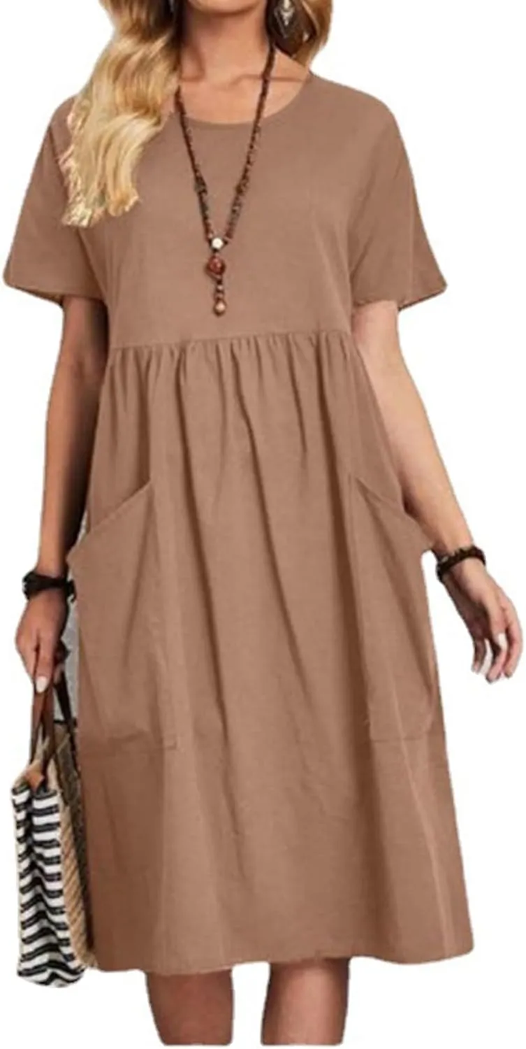 Casual Summer Dresses for Women Cotton Linen T Shirt Dress Short Sleeve Midi Beach Sundress Loose Comfy with Pockets