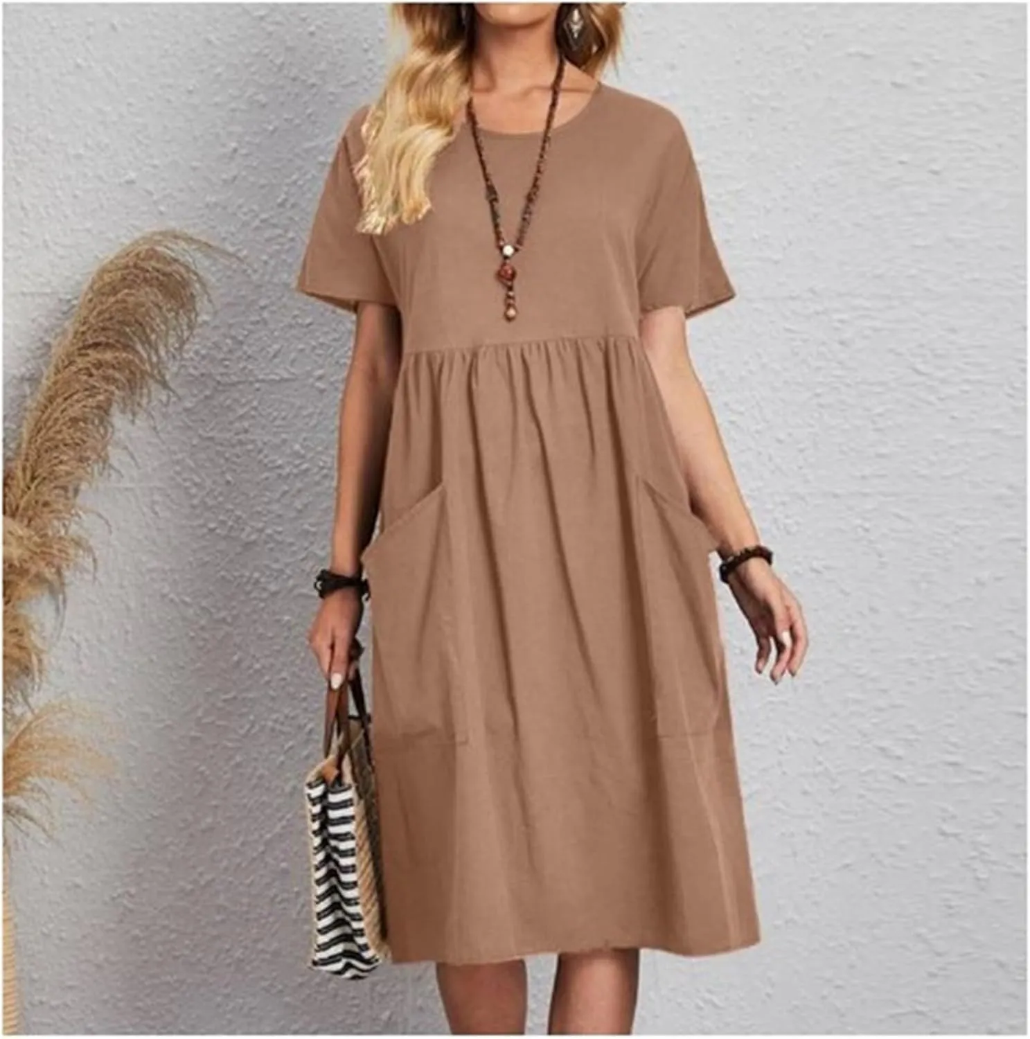 Casual Summer Dresses for Women Cotton Linen T Shirt Dress Short Sleeve Midi Beach Sundress Loose Comfy with Pockets
