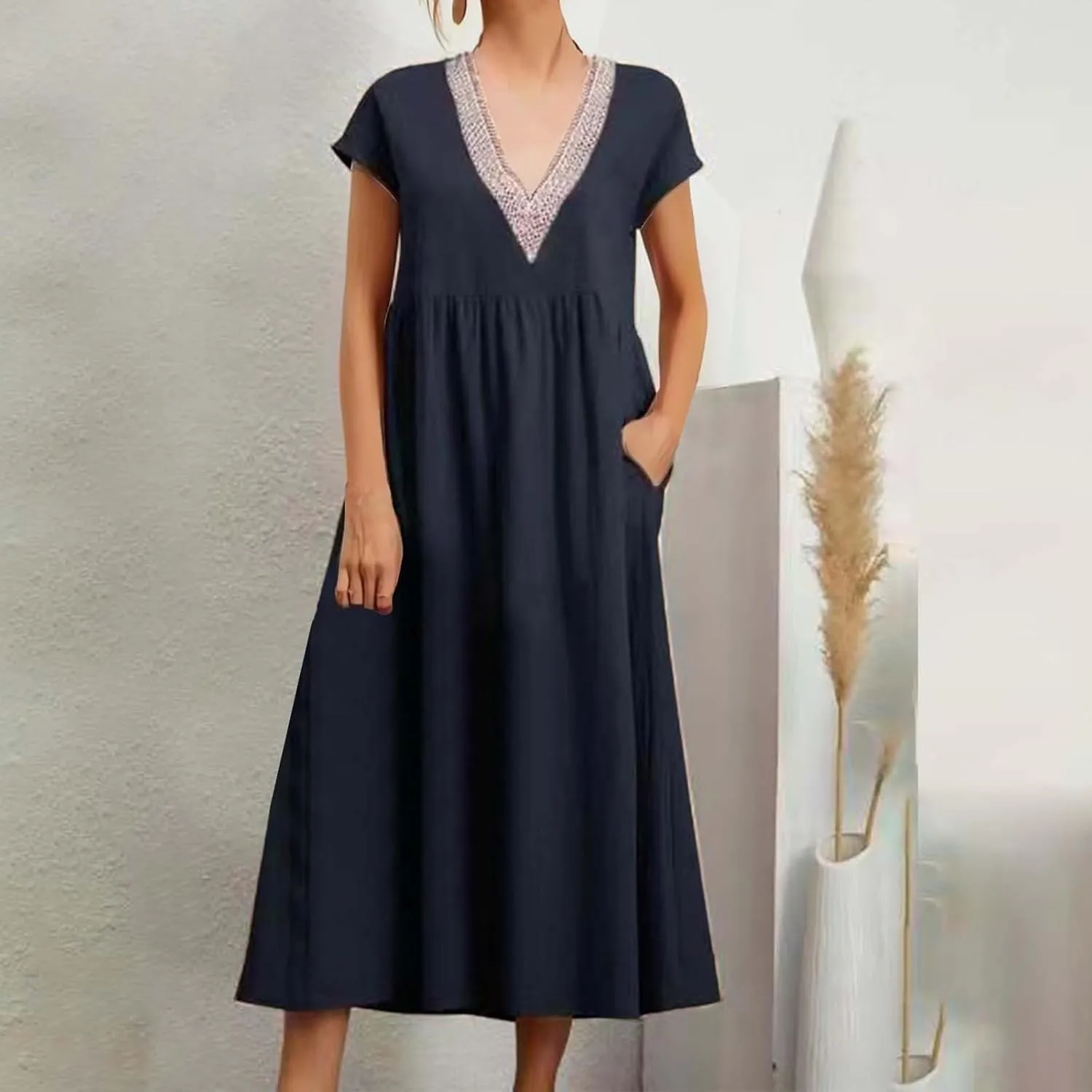 Cotton Linen Dress Women Plus Size Summer Short Sleeve V Neck Midi Dress Casual Loose A-line Boho Vacation Dresses