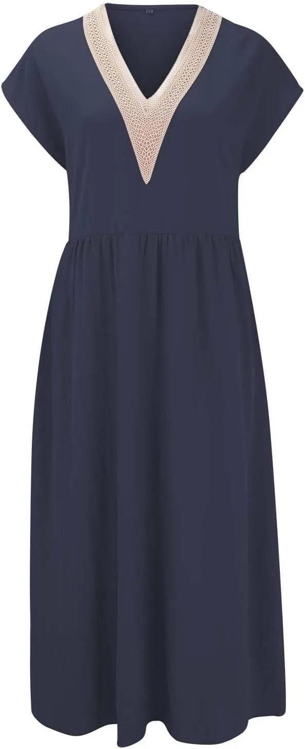 Cotton Linen Dress Women Plus Size Summer Short Sleeve V Neck Midi Dress Casual Loose A-line Boho Vacation Dresses