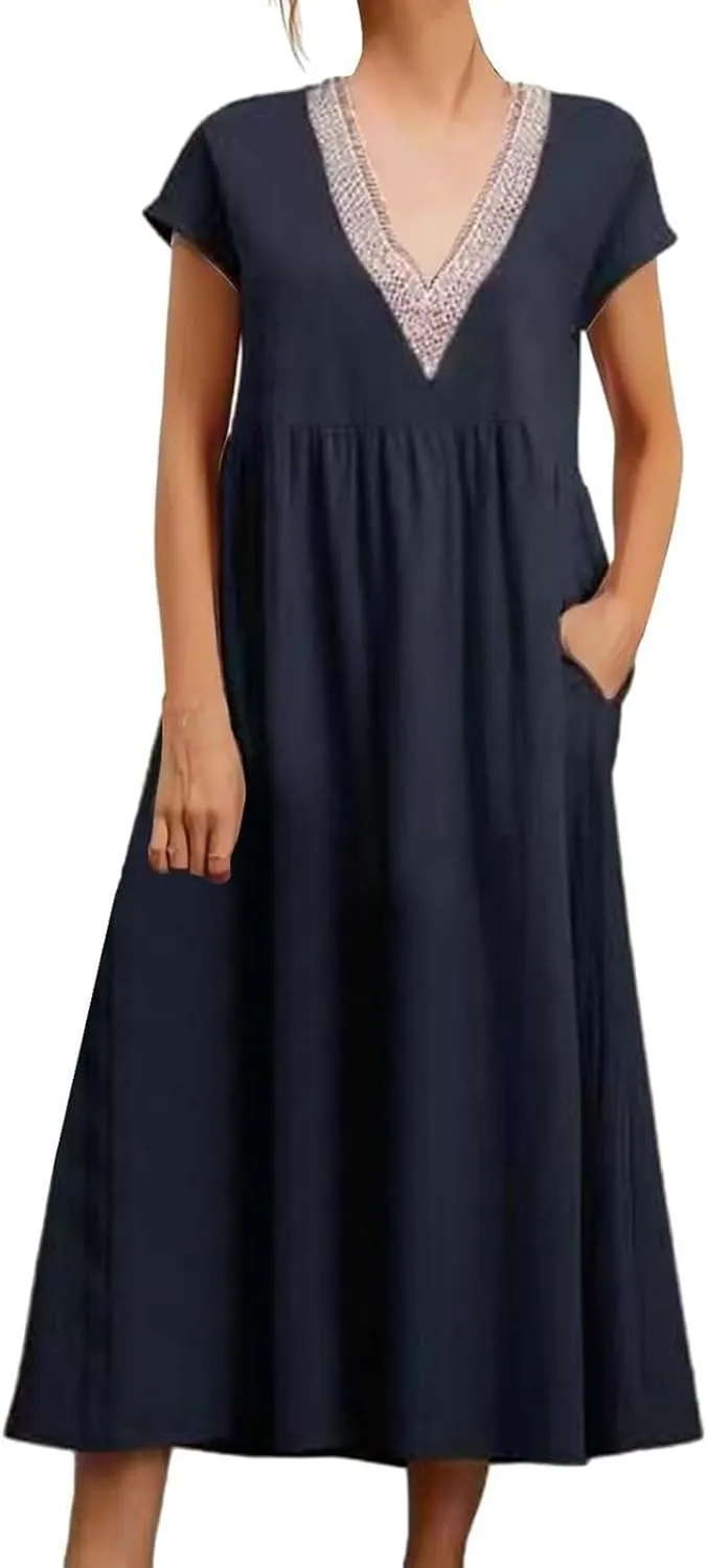 Cotton Linen Dress Women Plus Size Summer Short Sleeve V Neck Midi Dress Casual Loose A-line Boho Vacation Dresses