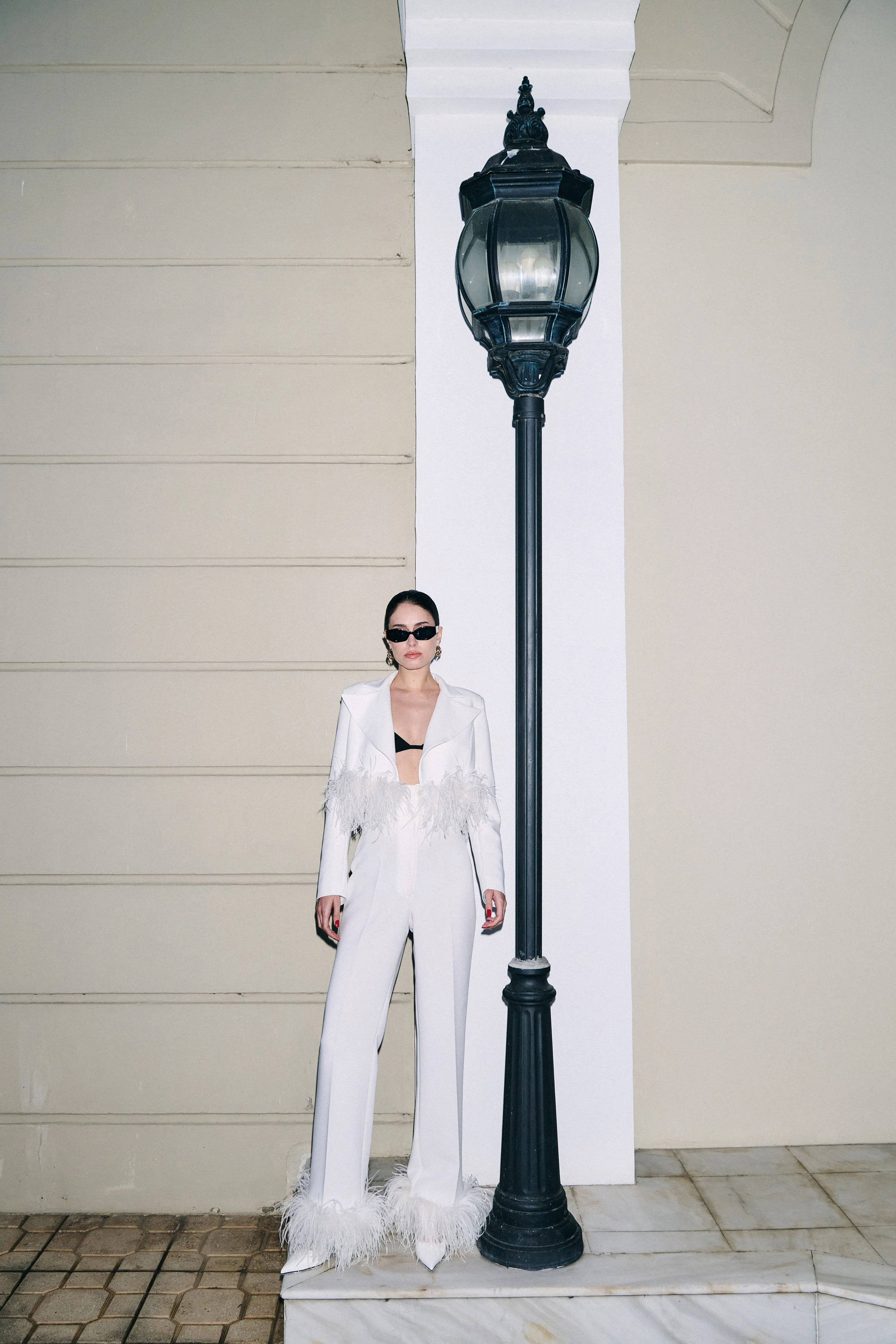 Cropped Blazer with Feathers in White