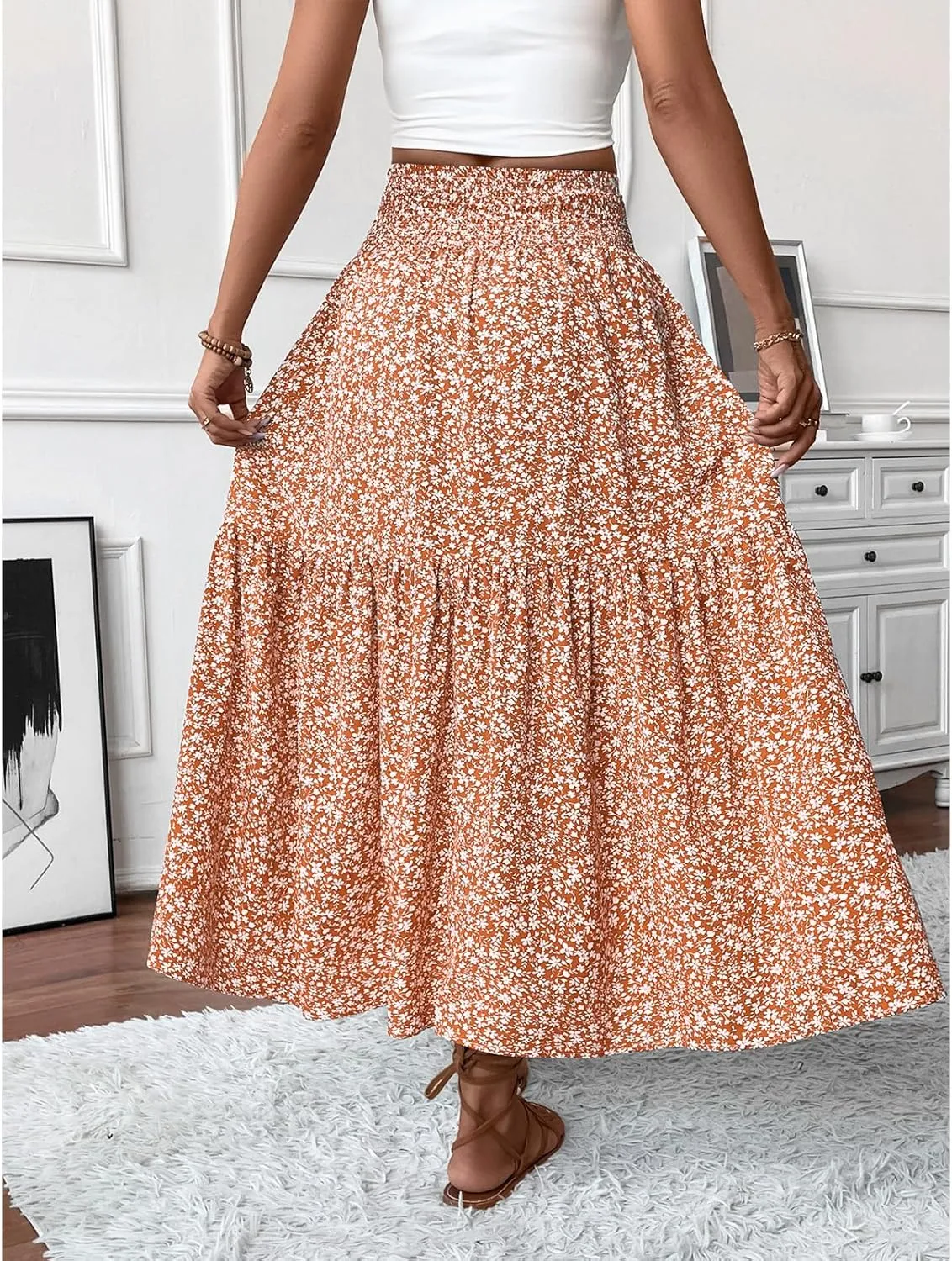 Floral Maxi Skirt for Women Smocked High Waist Skirt A-Line Flowy Ruffle Long Skirts Boho Vacation Long Skirts