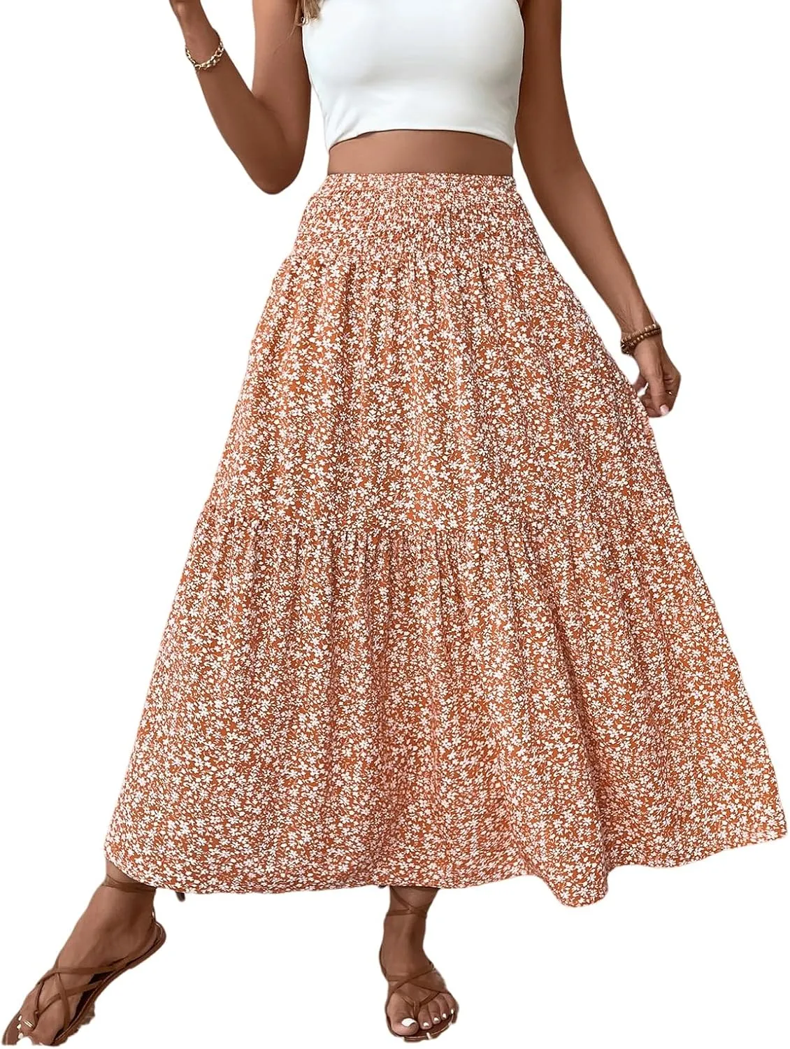 Floral Maxi Skirt for Women Smocked High Waist Skirt A-Line Flowy Ruffle Long Skirts Boho Vacation Long Skirts