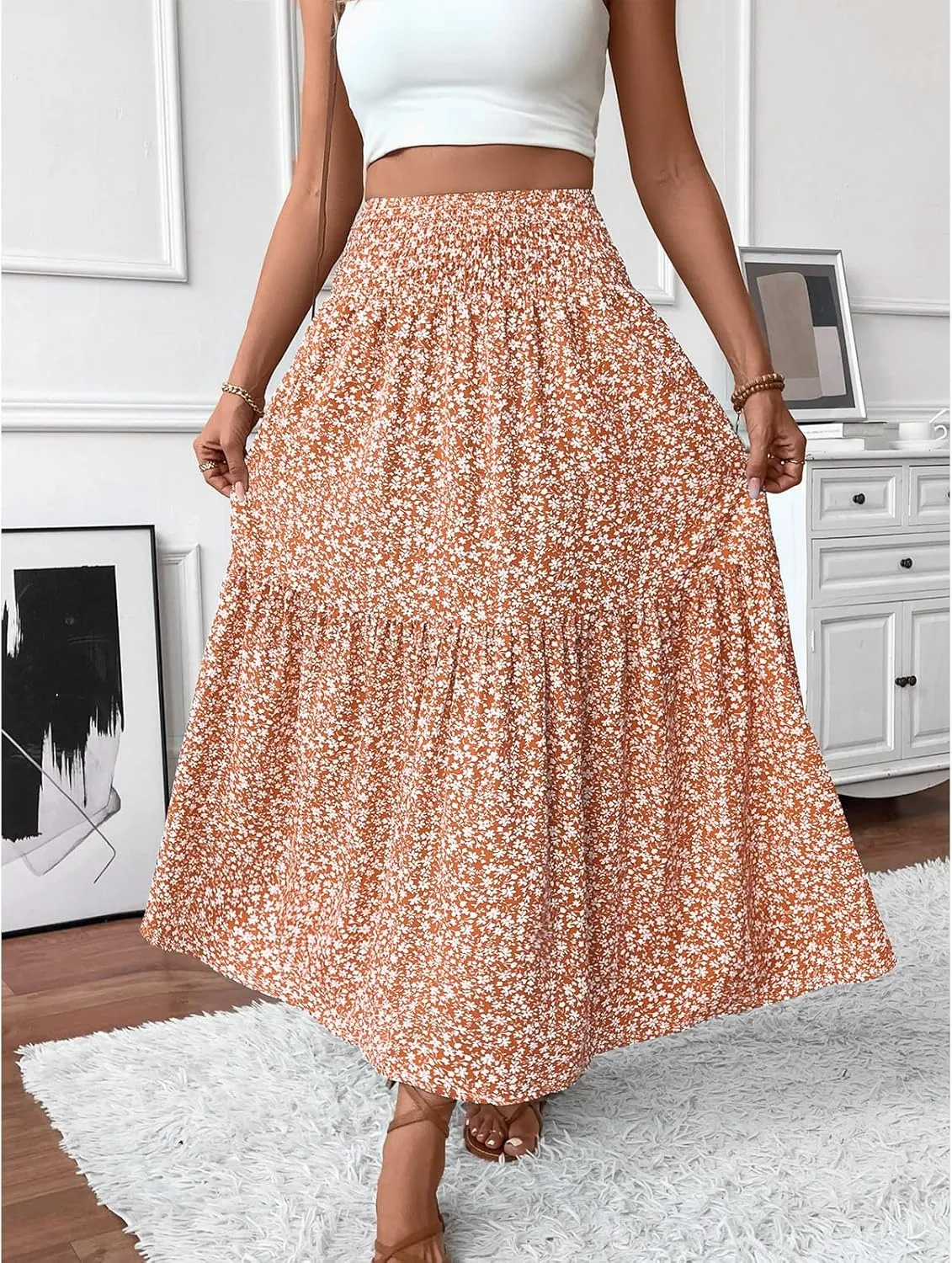 Floral Maxi Skirt for Women Smocked High Waist Skirt A-Line Flowy Ruffle Long Skirts Boho Vacation Long Skirts