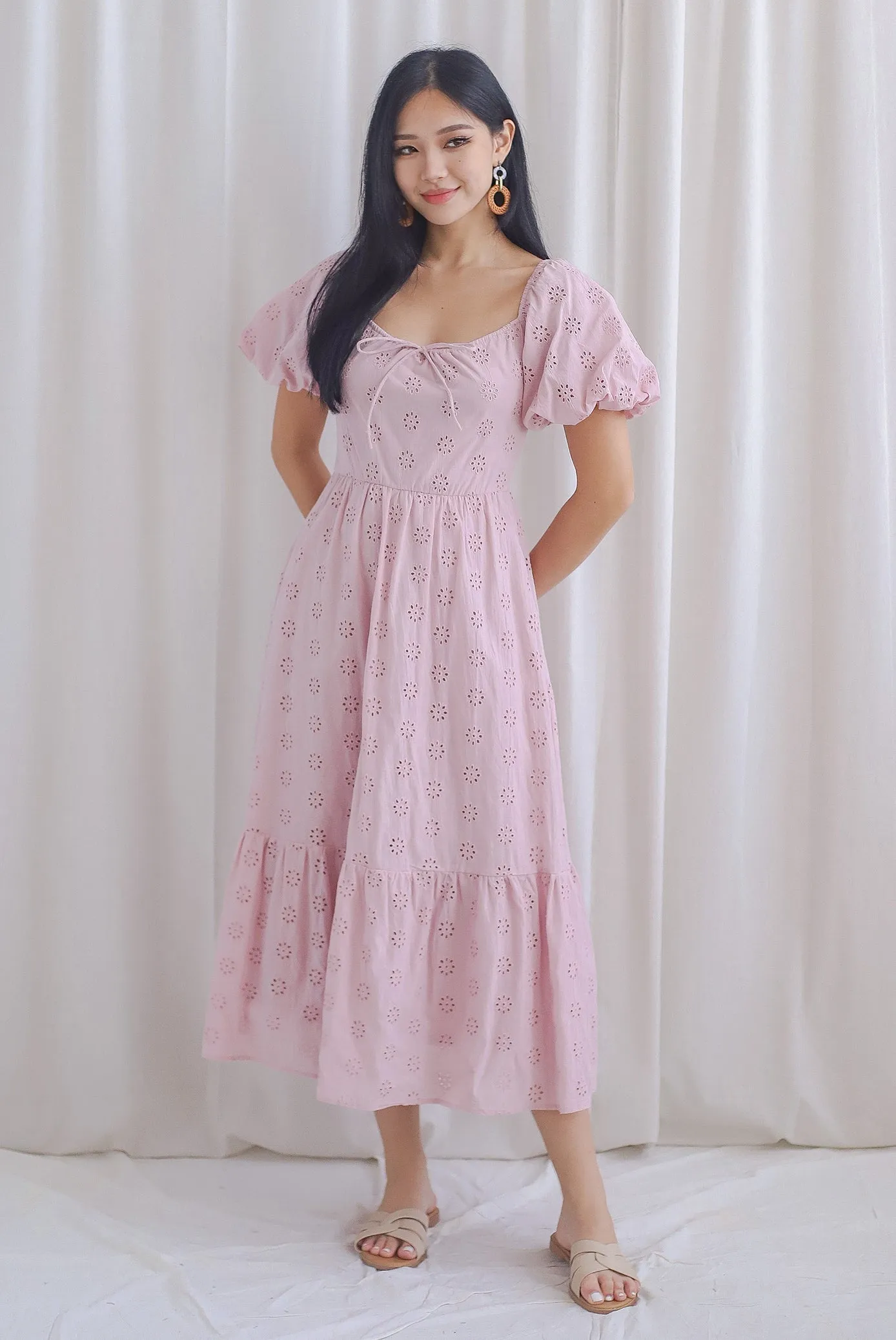 Guinevere Eyelet Tie Front Midi Dress In Blush