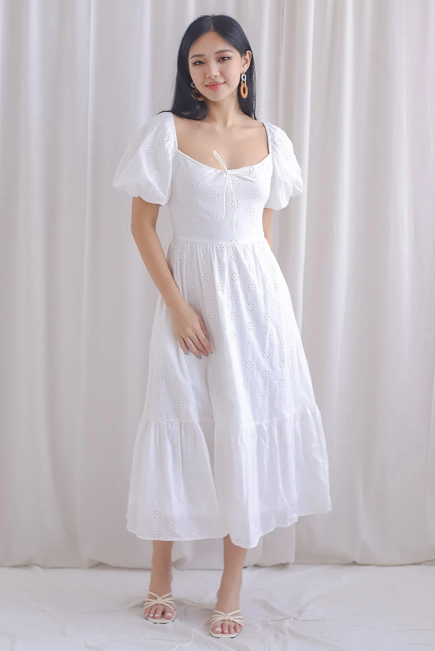 Guinevere Eyelet Tie Front Midi Dress In White