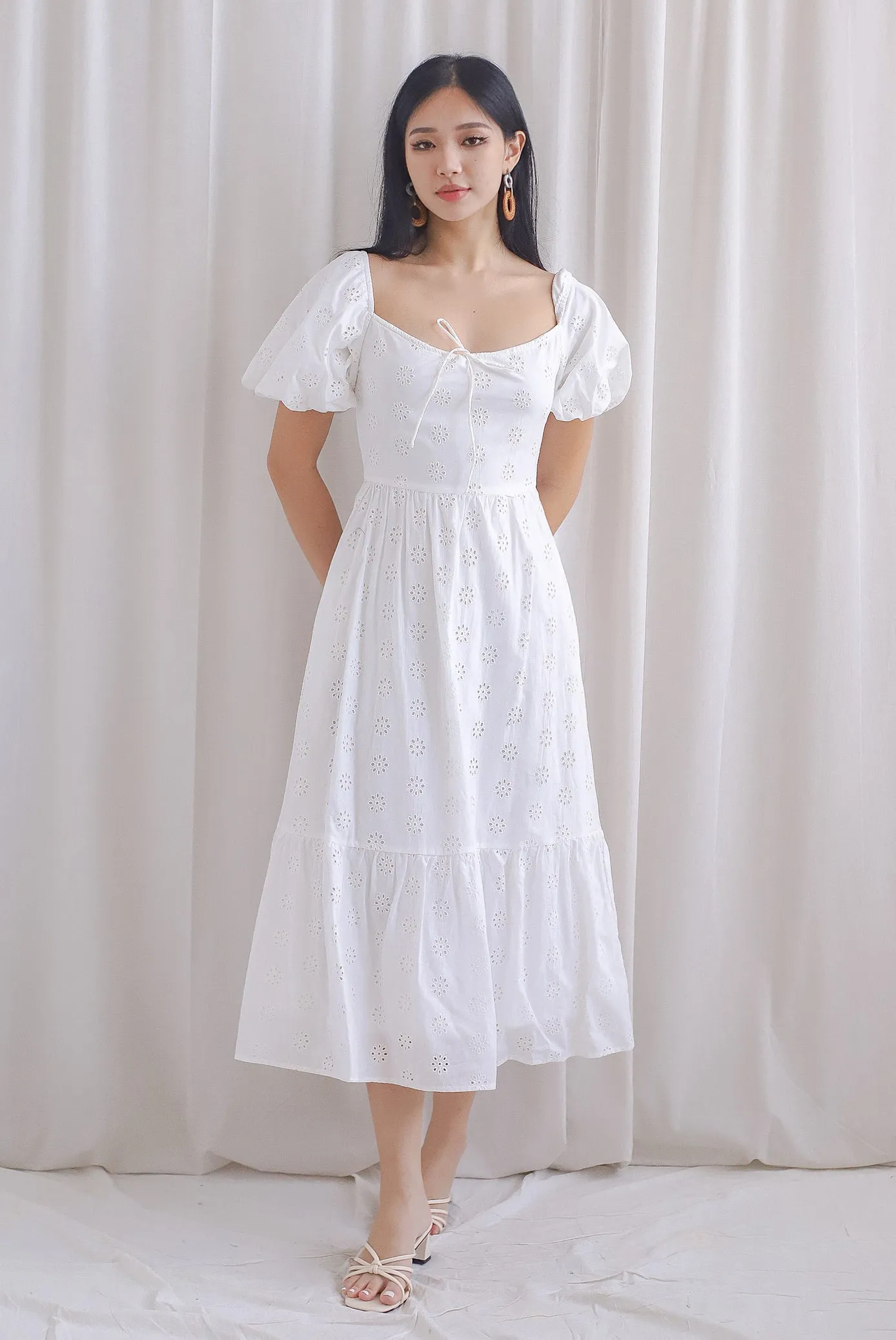 Guinevere Eyelet Tie Front Midi Dress In White