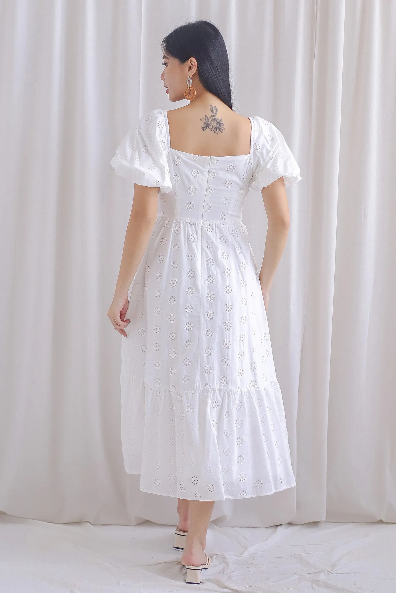 Guinevere Eyelet Tie Front Midi Dress In White