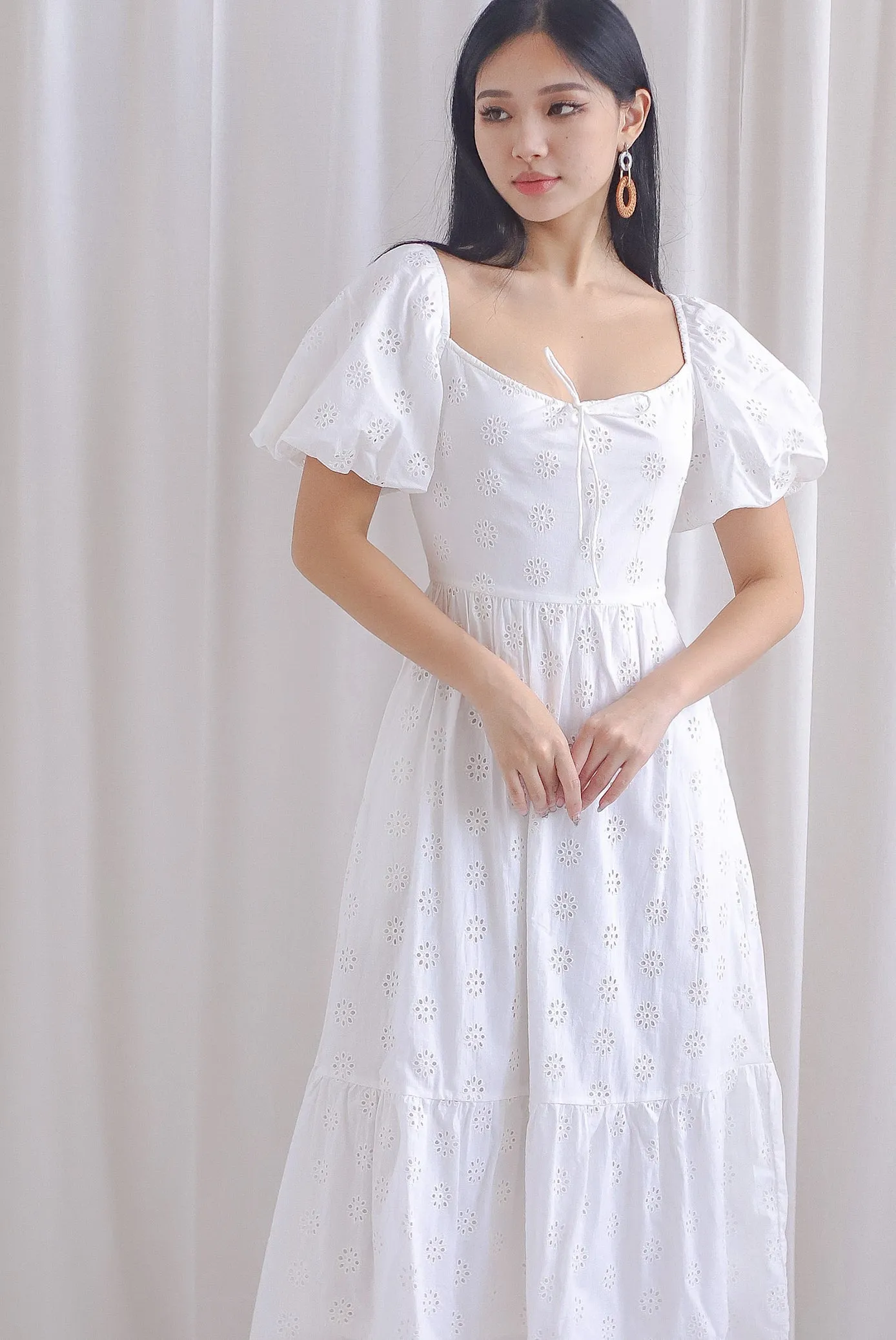 Guinevere Eyelet Tie Front Midi Dress In White