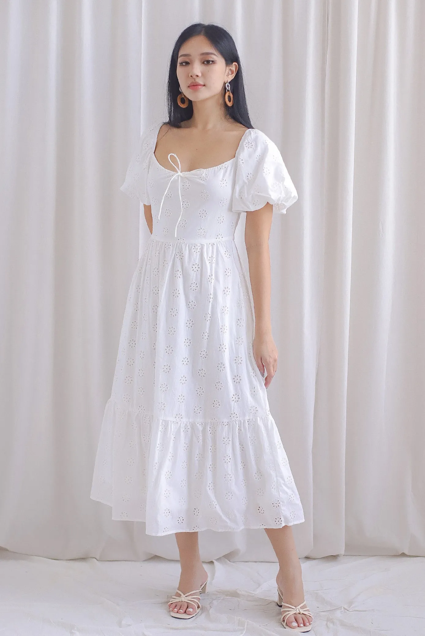 Guinevere Eyelet Tie Front Midi Dress In White
