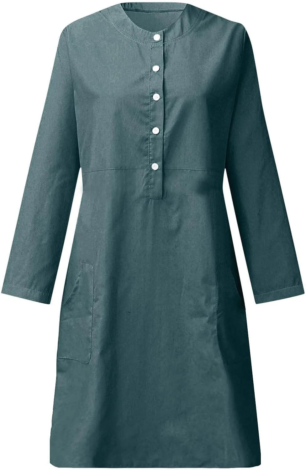 Linen Cotton Dress for Women 2025 Button Shirt Dress Long Sleeve Round Neck Dressy Casual Mini Dresses with Pockets