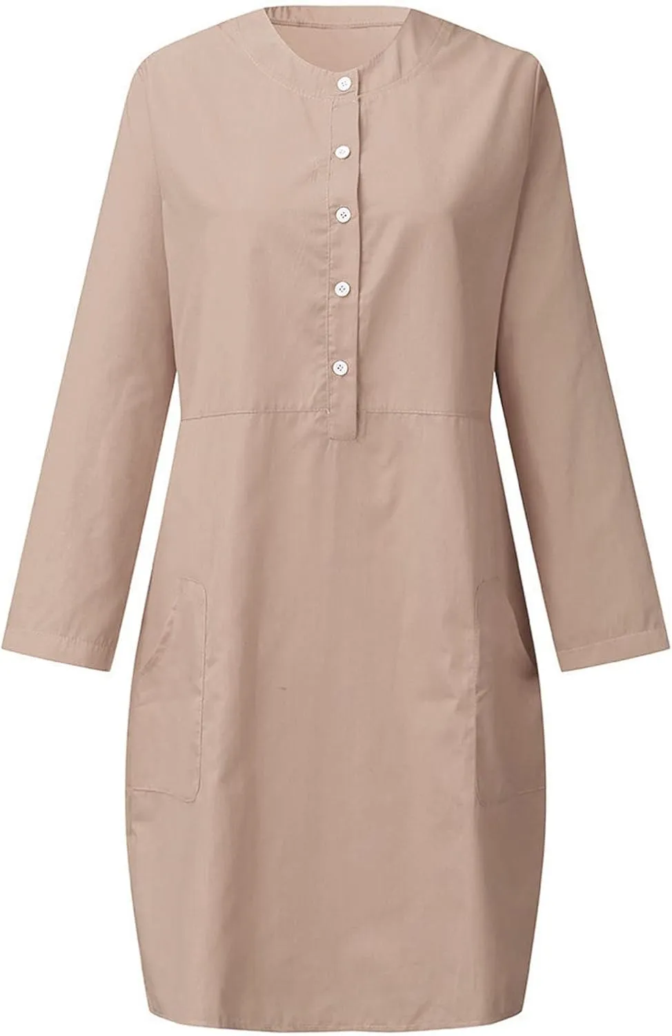 Linen Cotton Dress for Women 2025 Button Shirt Dress Long Sleeve Round Neck Dressy Casual Mini Dresses with Pockets