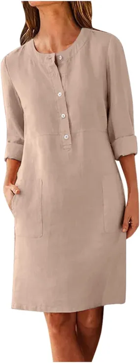 Linen Cotton Dress for Women 2025 Button Shirt Dress Long Sleeve Round Neck Dressy Casual Mini Dresses with Pockets