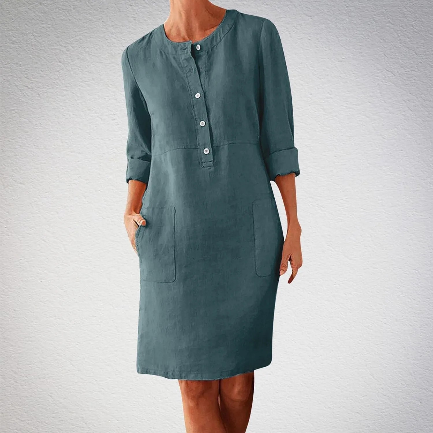 Linen Cotton Dress for Women 2025 Button Shirt Dress Long Sleeve Round Neck Dressy Casual Mini Dresses with Pockets