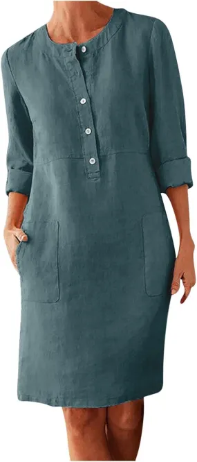 Linen Cotton Dress for Women 2025 Button Shirt Dress Long Sleeve Round Neck Dressy Casual Mini Dresses with Pockets