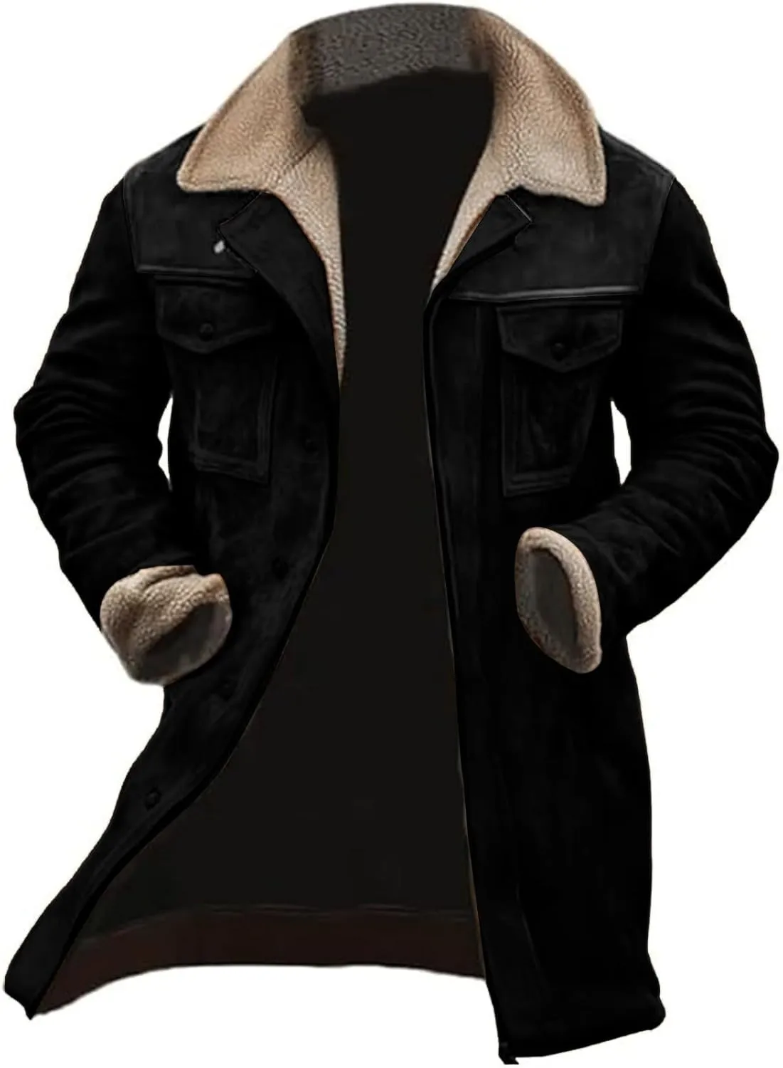 Mens Fleece Suede Coats Winter Plush Lapel Sherpa Lined Jackets Thicken Cashmere Outdoor Retro Warm Shacket Outerwear