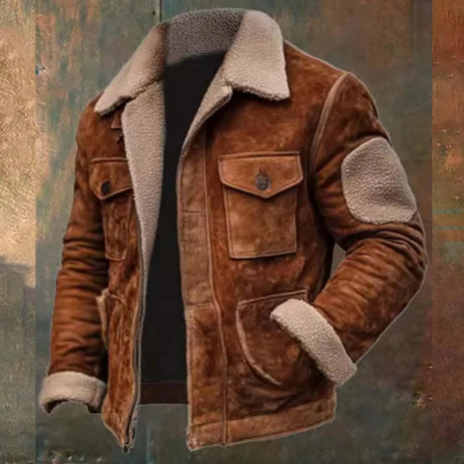 Mens Fleece Suede Coats Winter Plush Lapel Sherpa Lined Jackets Thicken Cashmere Outdoor Retro Warm Shacket Outerwear
