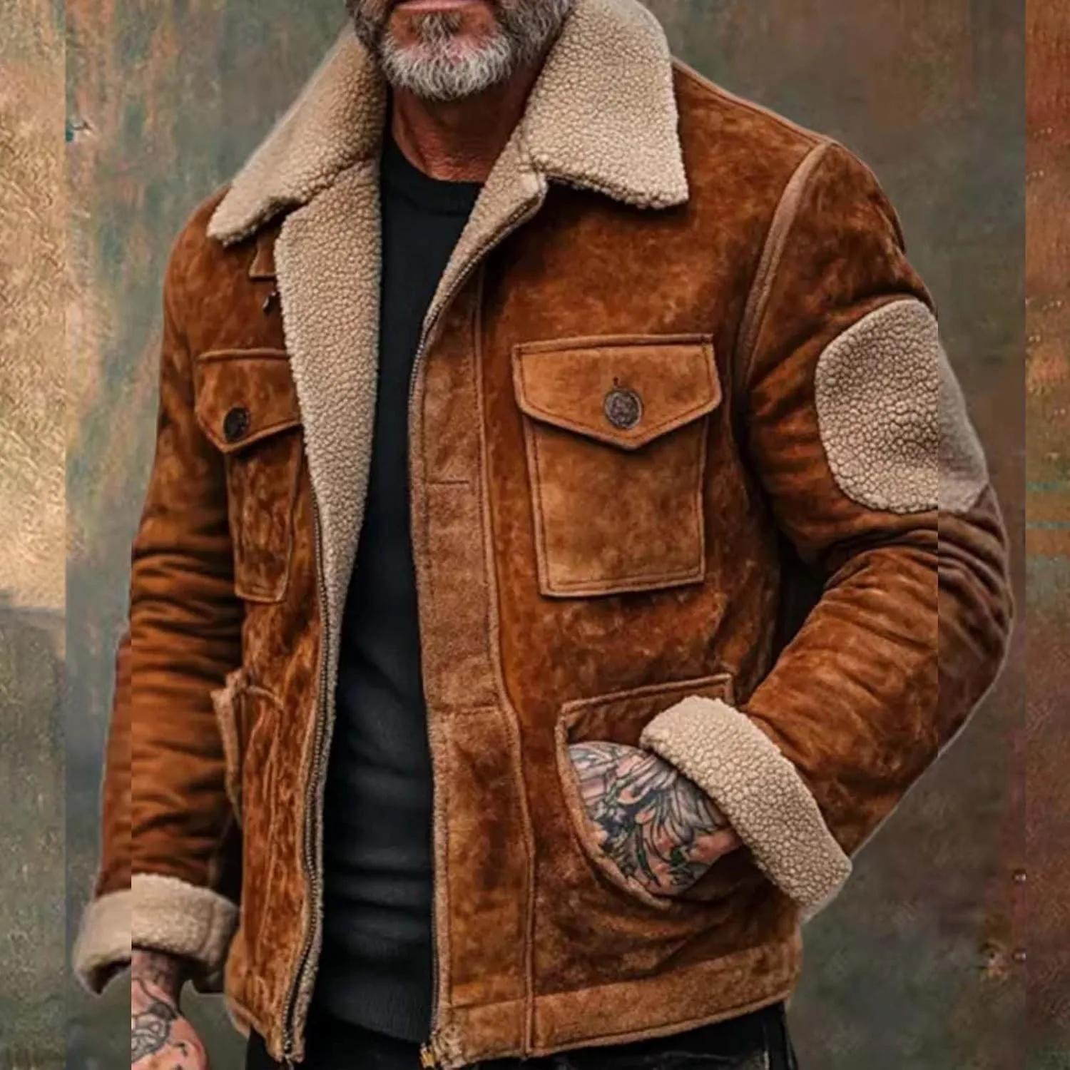 Mens Fleece Suede Coats Winter Plush Lapel Sherpa Lined Jackets Thicken Cashmere Outdoor Retro Warm Shacket Outerwear