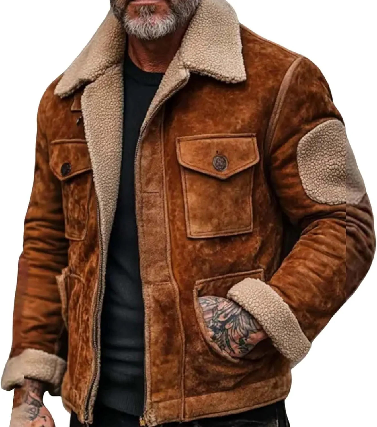 Mens Fleece Suede Coats Winter Plush Lapel Sherpa Lined Jackets Thicken Cashmere Outdoor Retro Warm Shacket Outerwear