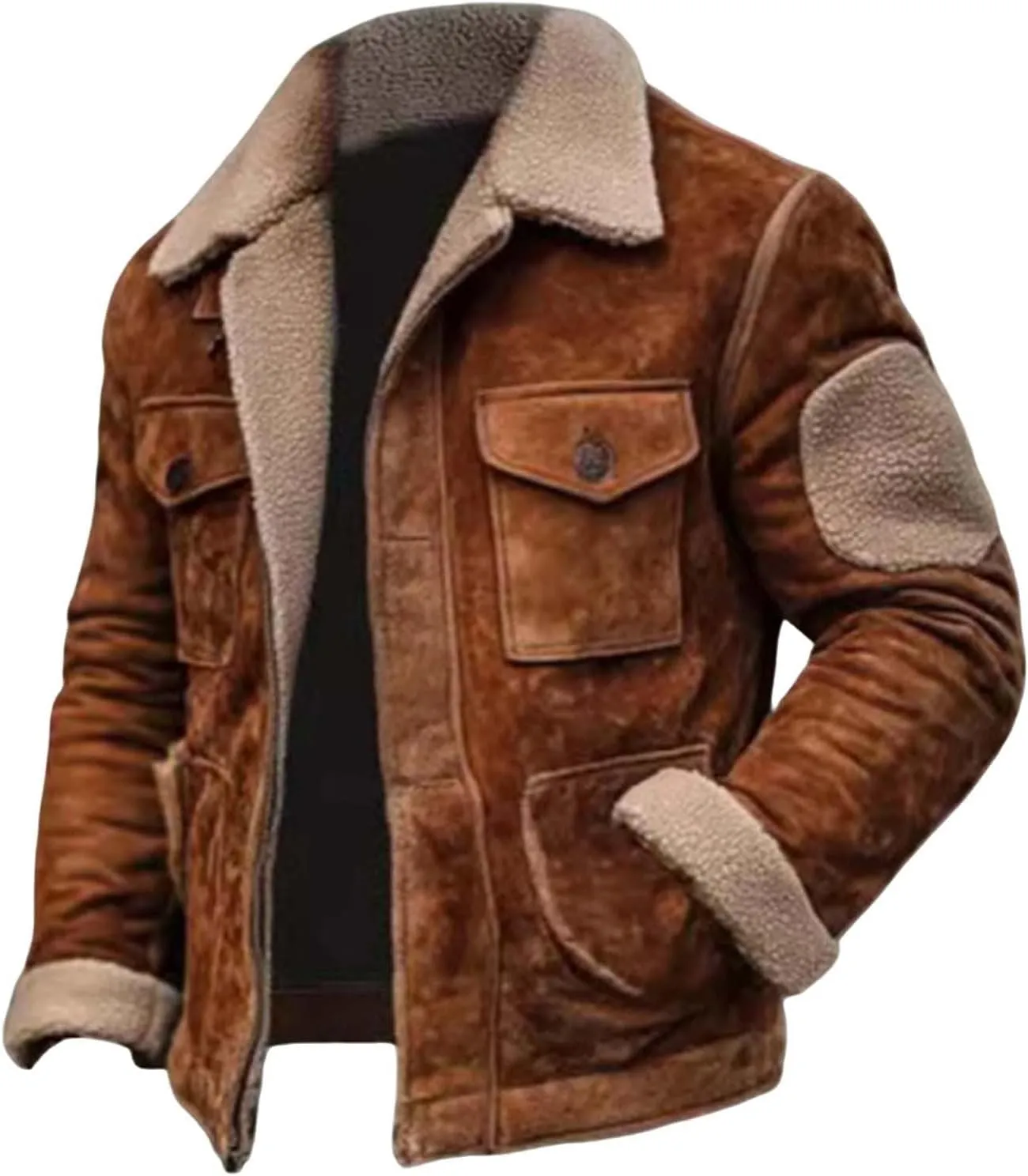 Mens Fleece Suede Coats Winter Plush Lapel Sherpa Lined Jackets Thicken Cashmere Outdoor Retro Warm Shacket Outerwear