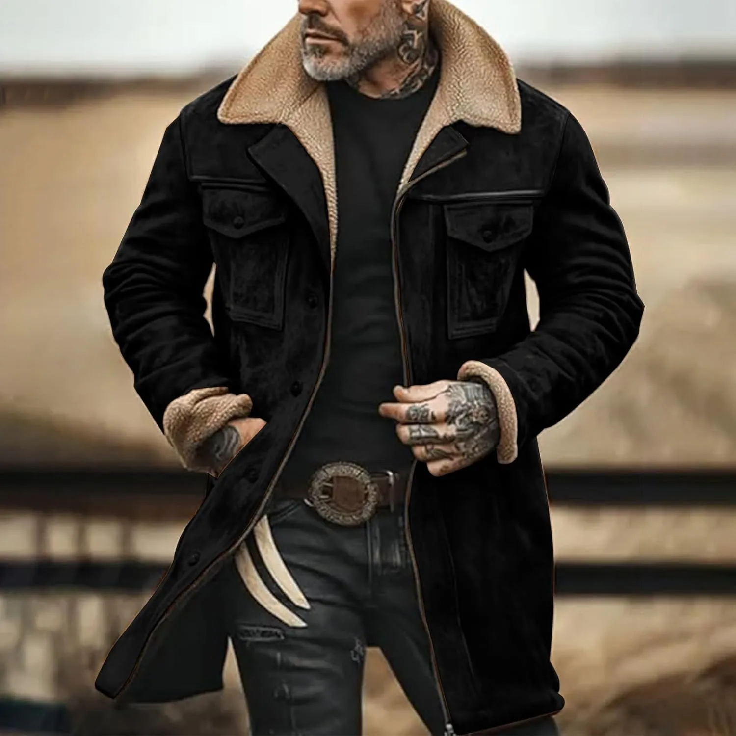 Mens Fleece Suede Coats Winter Plush Lapel Sherpa Lined Jackets Thicken Cashmere Outdoor Retro Warm Shacket Outerwear