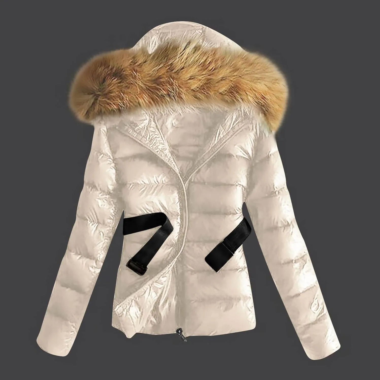 NATHGAM Quilted Jacket for Women with Faux Fur Hood Ladies Belted Slim Snow Puffer Jacket Thicken Lightweight Short Down Coat