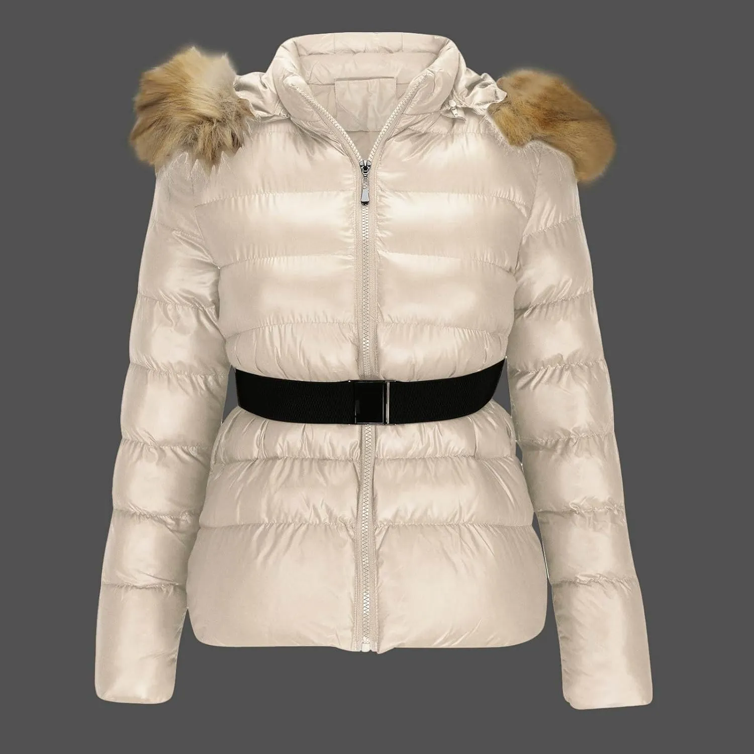 NATHGAM Quilted Jacket for Women with Faux Fur Hood Ladies Belted Slim Snow Puffer Jacket Thicken Lightweight Short Down Coat