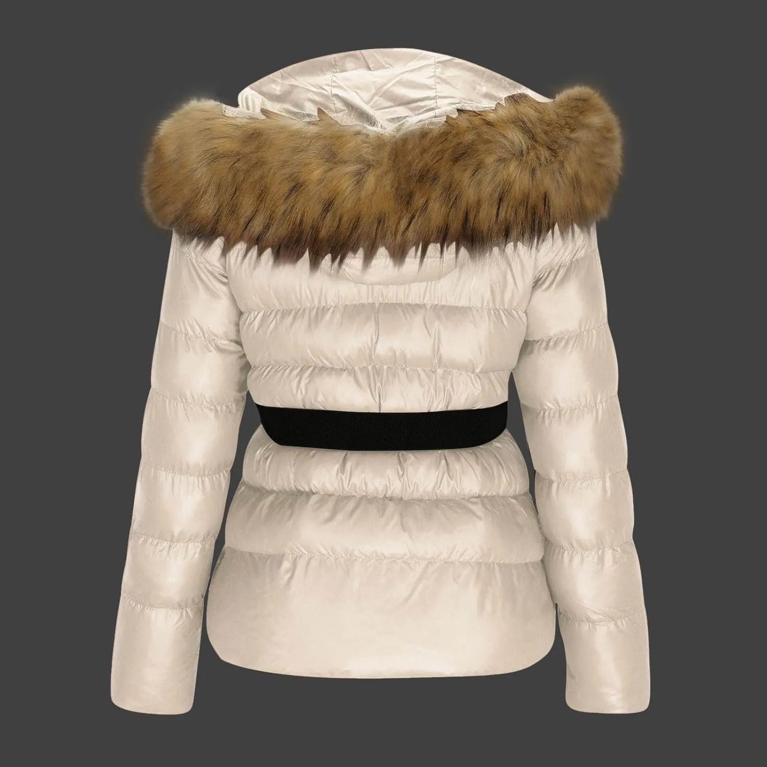 NATHGAM Quilted Jacket for Women with Faux Fur Hood Ladies Belted Slim Snow Puffer Jacket Thicken Lightweight Short Down Coat