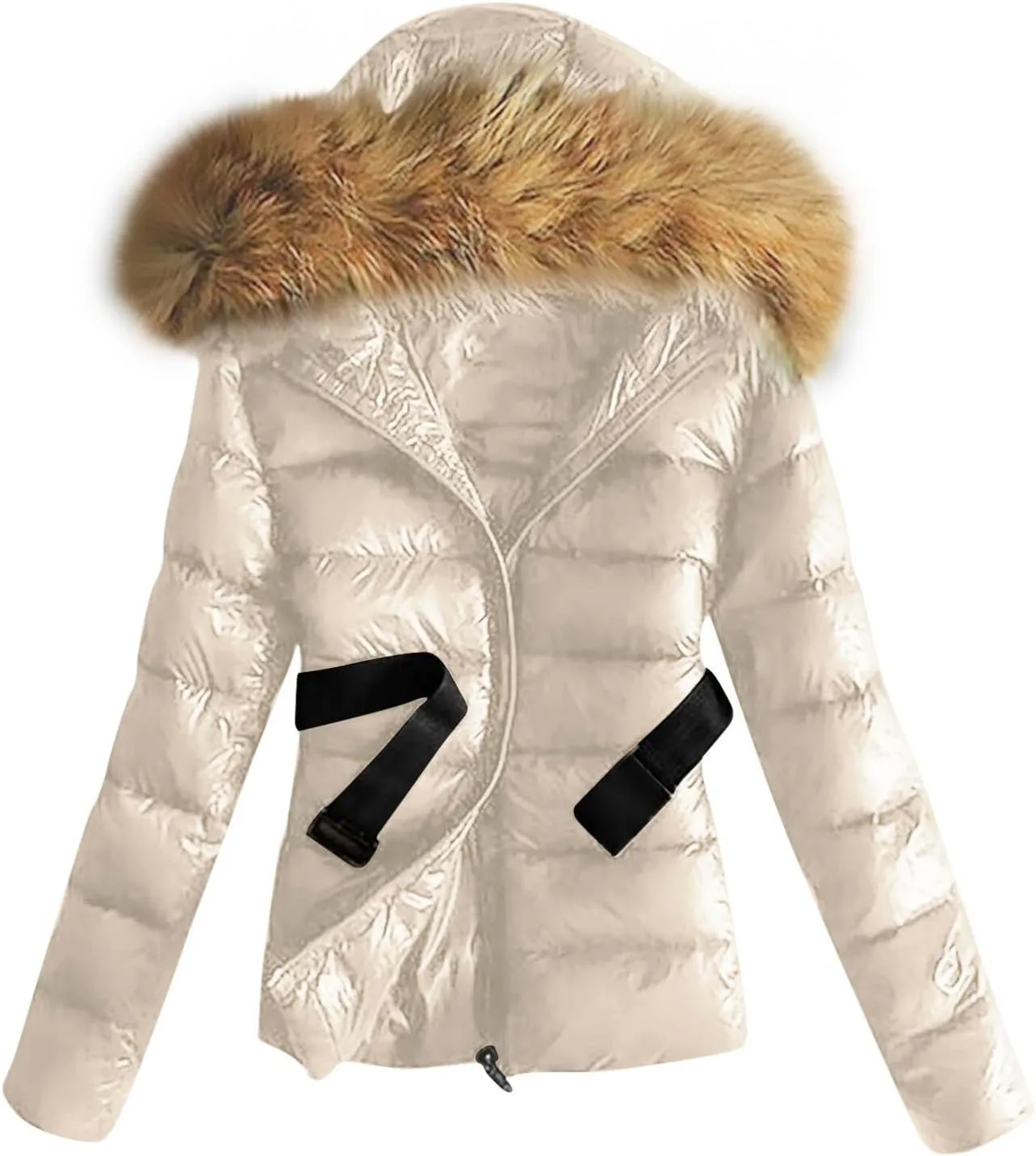 NATHGAM Quilted Jacket for Women with Faux Fur Hood Ladies Belted Slim Snow Puffer Jacket Thicken Lightweight Short Down Coat