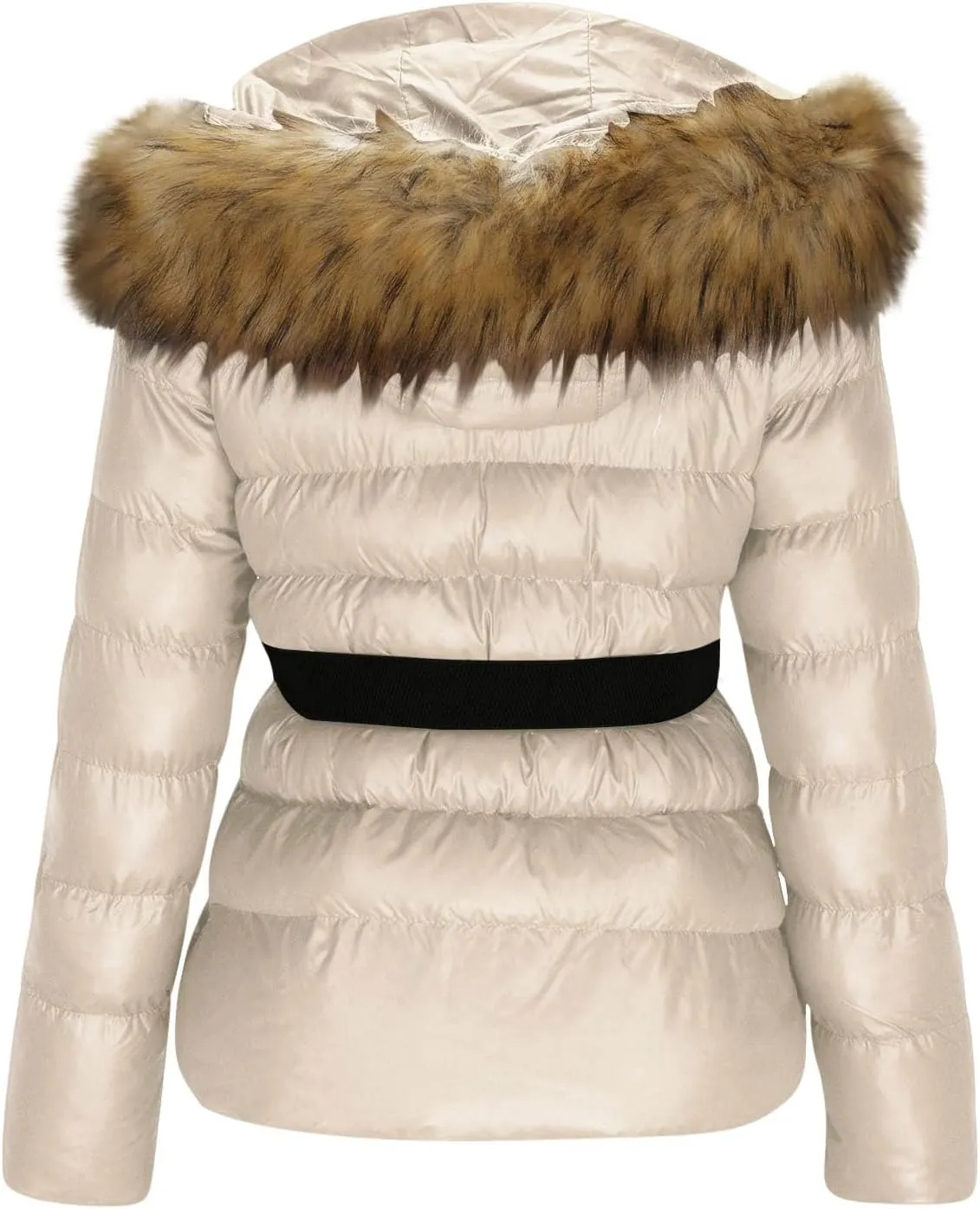 NATHGAM Quilted Jacket for Women with Faux Fur Hood Ladies Belted Slim Snow Puffer Jacket Thicken Lightweight Short Down Coat