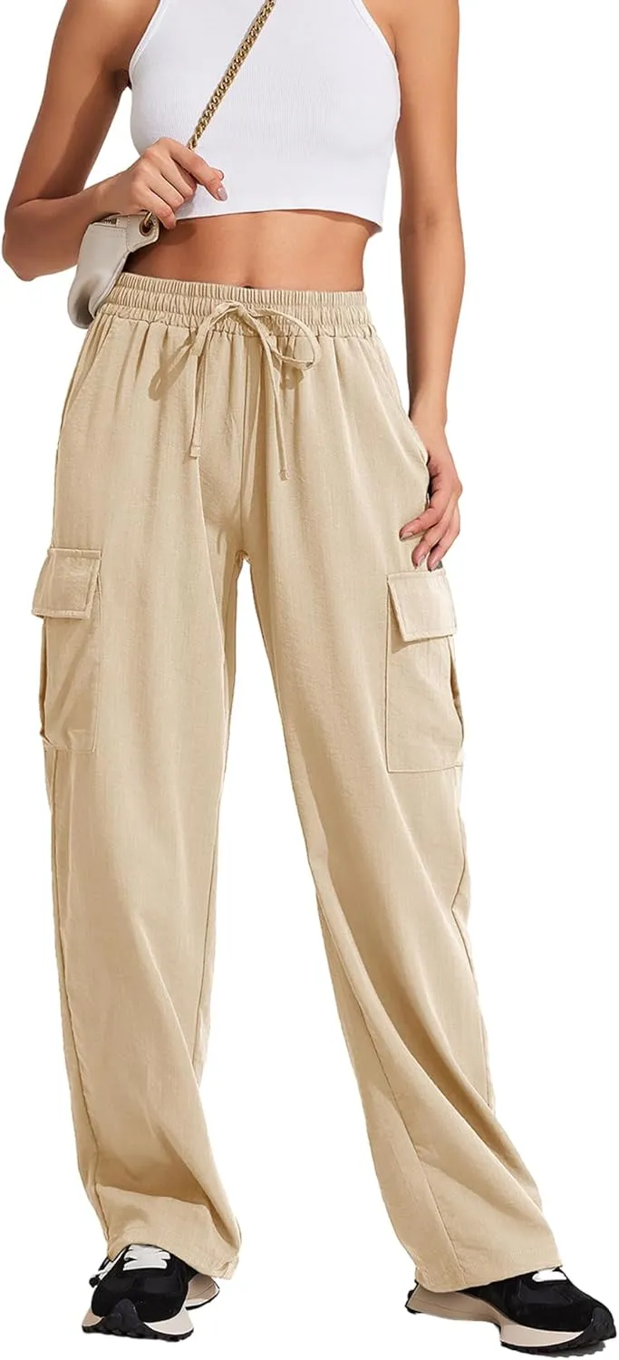 PINSPARK Women's Cargo Pants Quick Dry Hiking Athletic Pants Elastic High Waist Casual Pants Wide Leg with Pockets