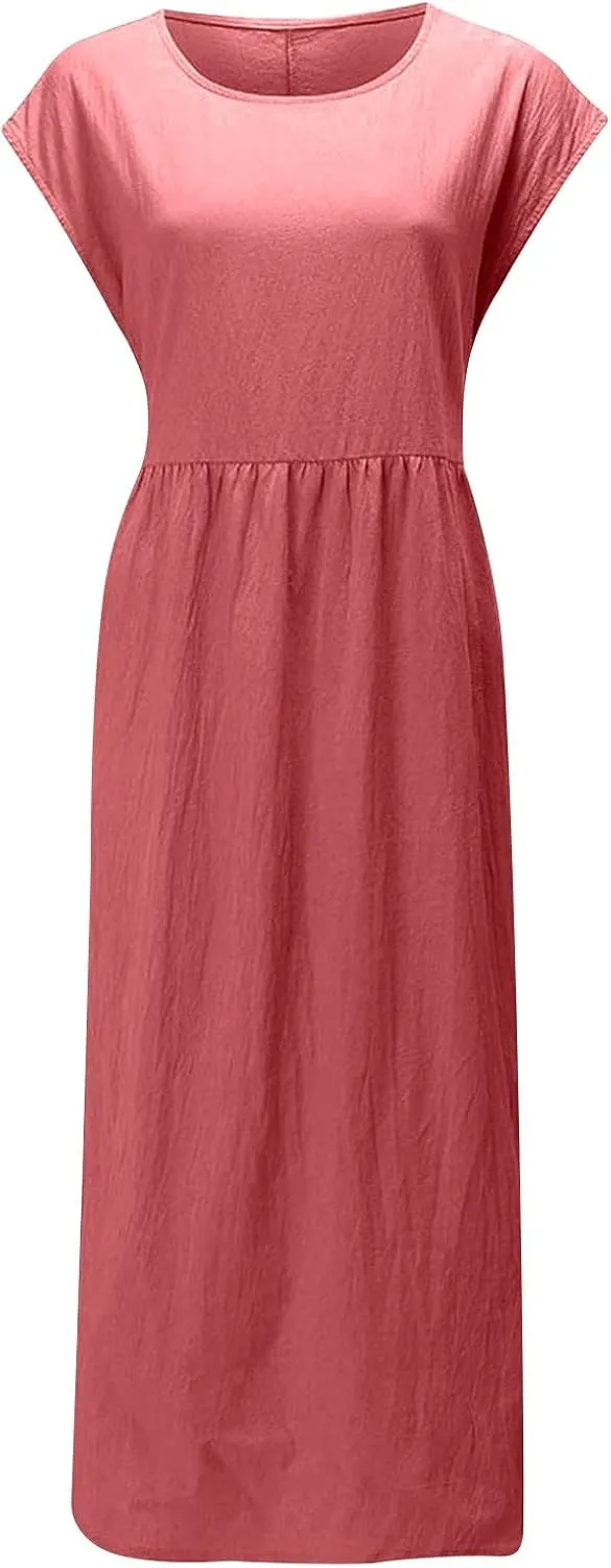 Plus Size Dresses for Curvy Women Casual Loose Short Sleeve Tshirt Sundresses Cotton Linen Long Dress with Pockets