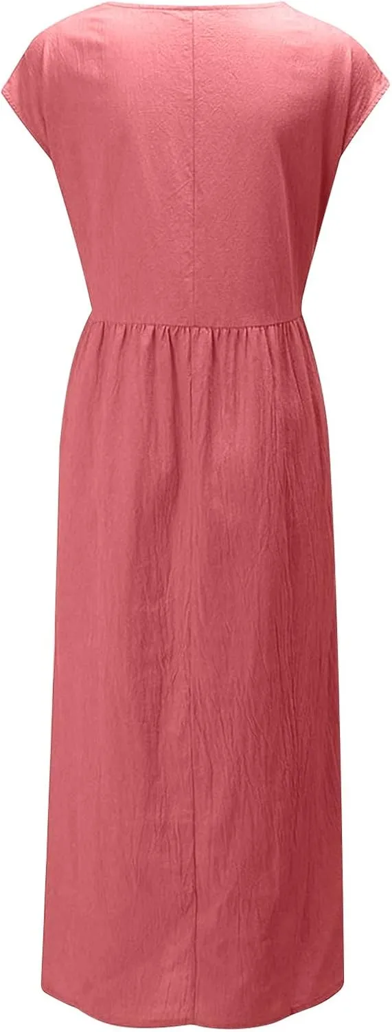 Plus Size Dresses for Curvy Women Casual Loose Short Sleeve Tshirt Sundresses Cotton Linen Long Dress with Pockets