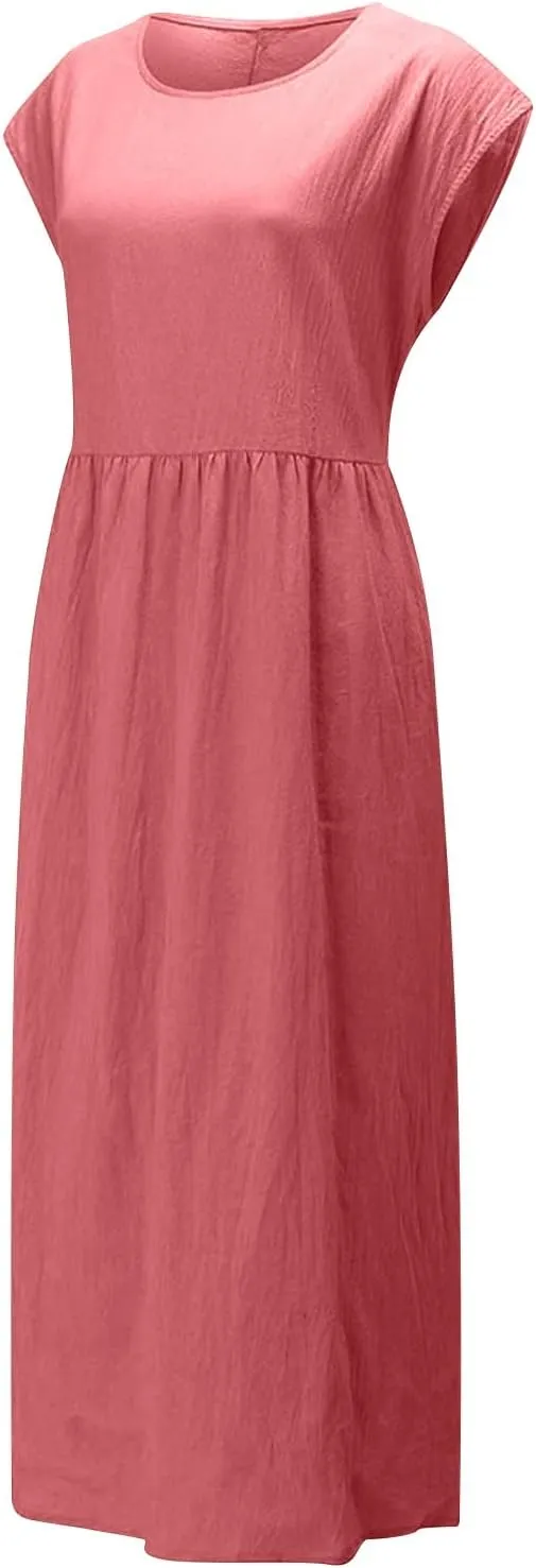 Plus Size Dresses for Curvy Women Casual Loose Short Sleeve Tshirt Sundresses Cotton Linen Long Dress with Pockets