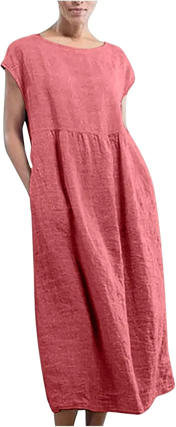 Plus Size Dresses for Curvy Women Casual Loose Short Sleeve Tshirt Sundresses Cotton Linen Long Dress with Pockets