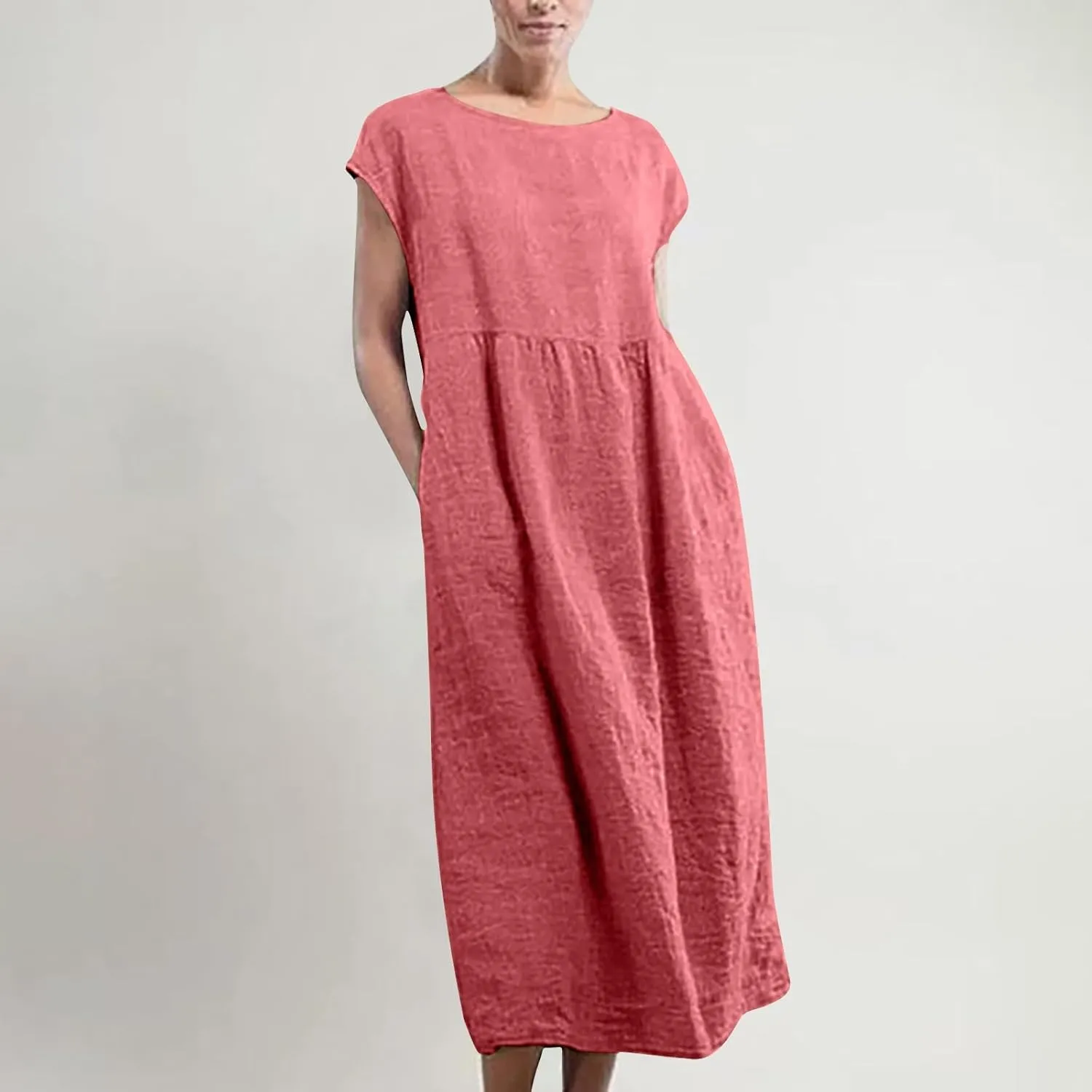 Plus Size Dresses for Curvy Women Casual Loose Short Sleeve Tshirt Sundresses Cotton Linen Long Dress with Pockets